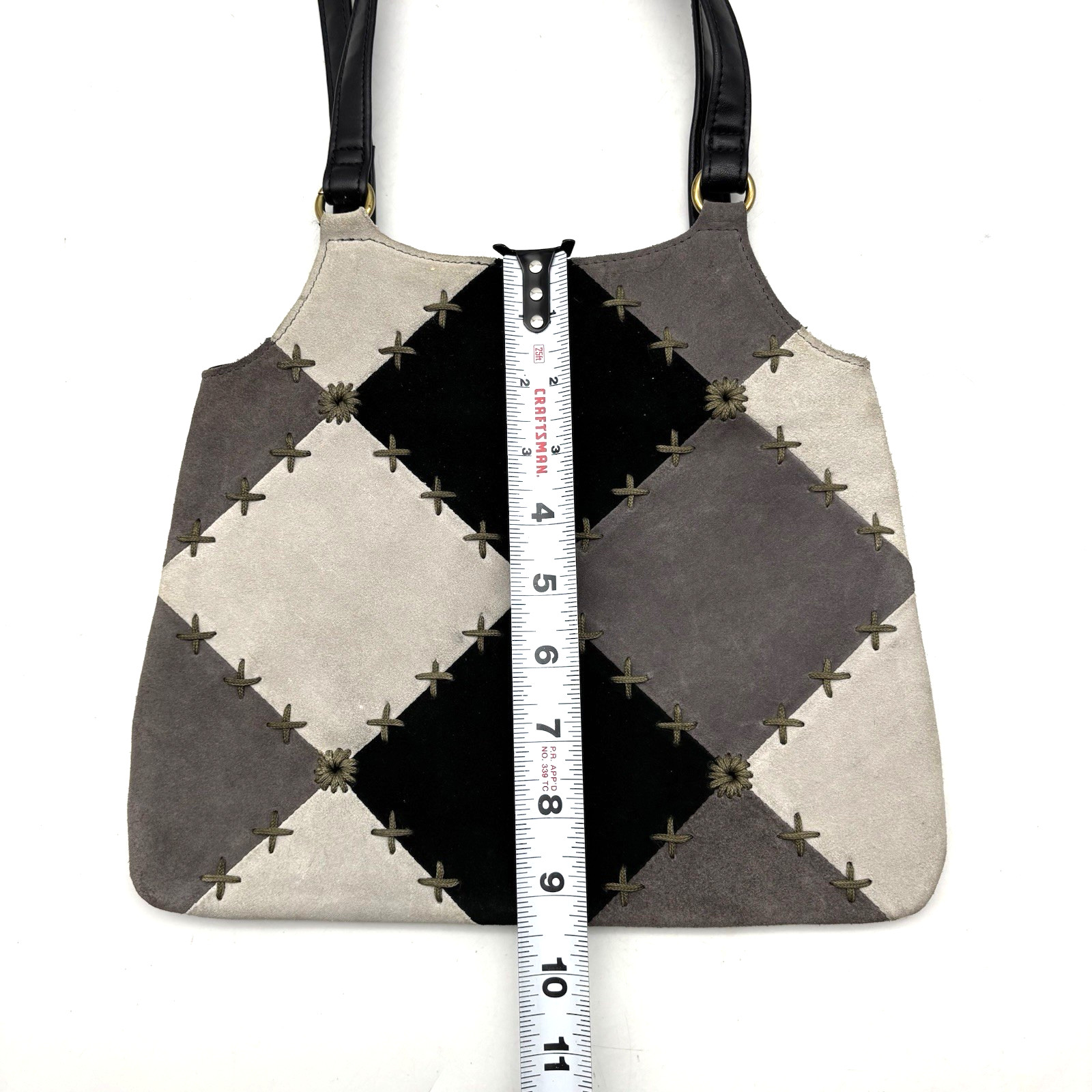 Vintage 90s Y2K Temp Design Black Gray Suede Embroidered Shoulder Bag 11×9.5″