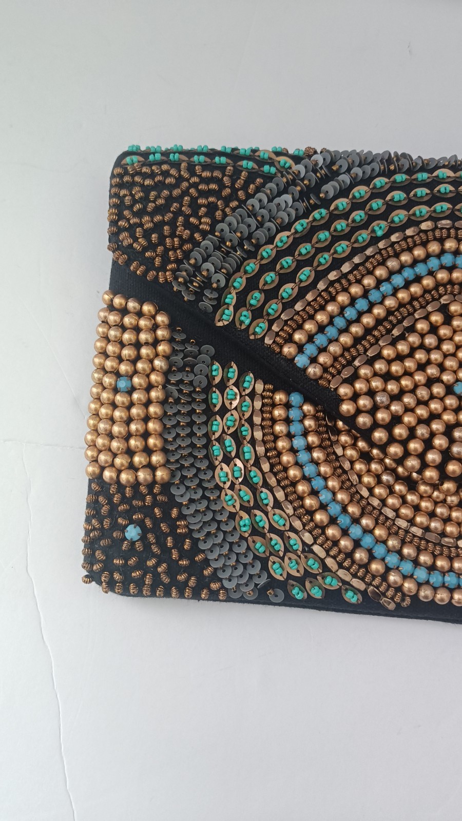 CAPELLI New York Beaded Clutch Bag Gold Turquoise Artsy Edgy Boho Magnet New