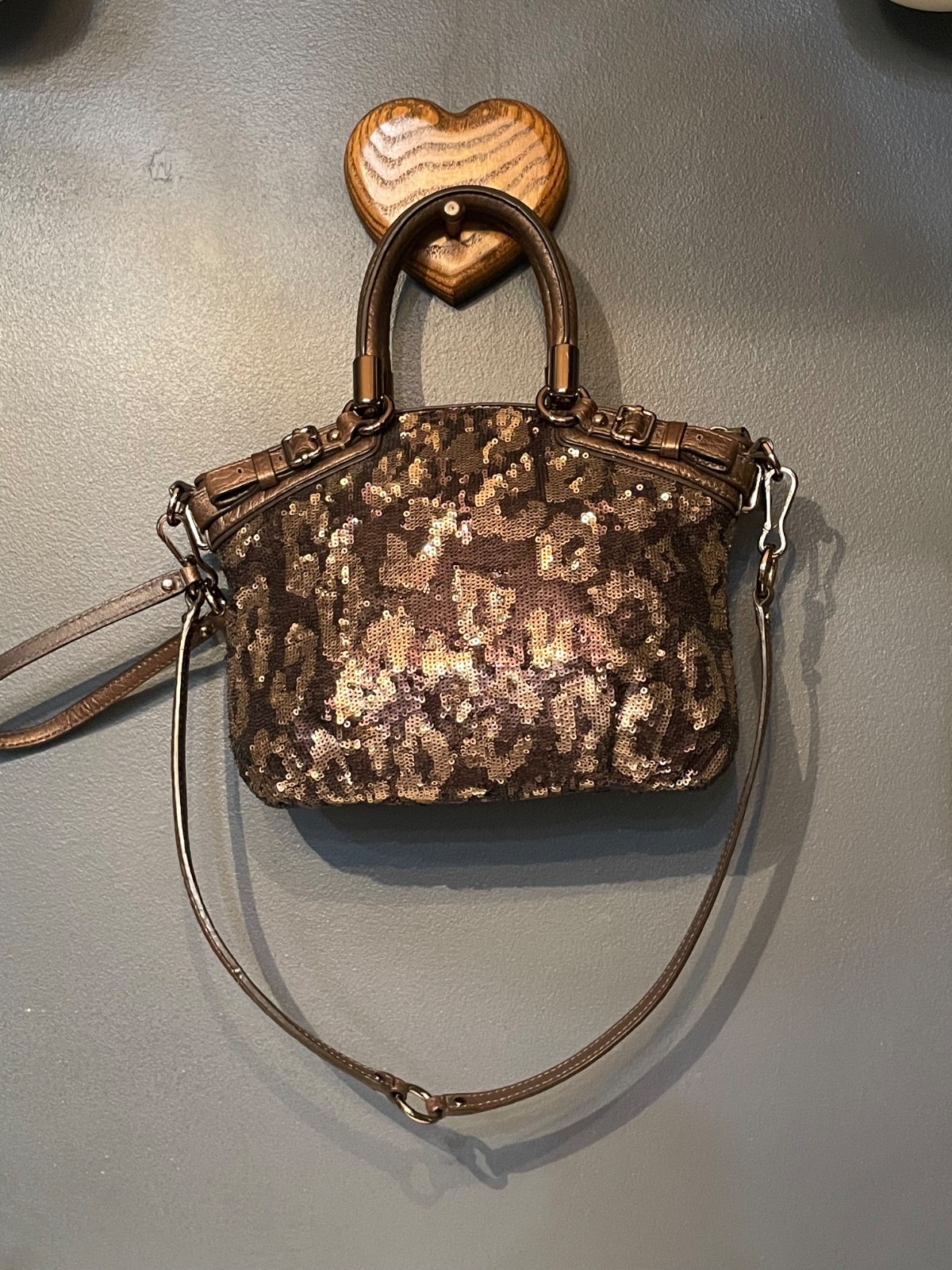 Coach Madison Sophia 18638 Leopard Sequin Satchel Bronze Crossbody Purse Bag