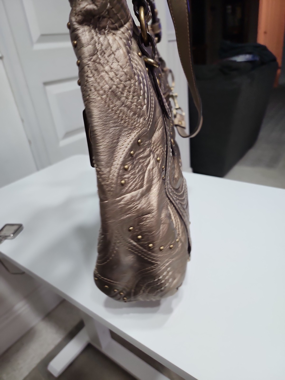 Auth COACH 15276 Embossed Studded Leather Alex Satchel Bag Bronze Metallic EUC 2