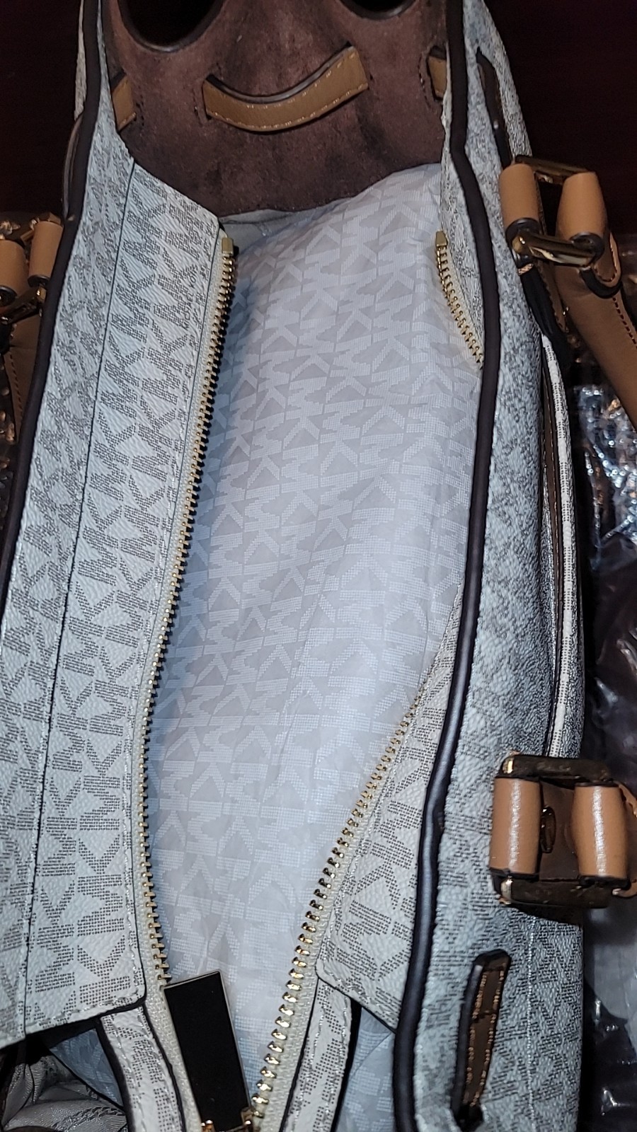 Michael Kors Nouveau Hamilton Small MK Logo Vanilla PVC & Leather Satchel Bag