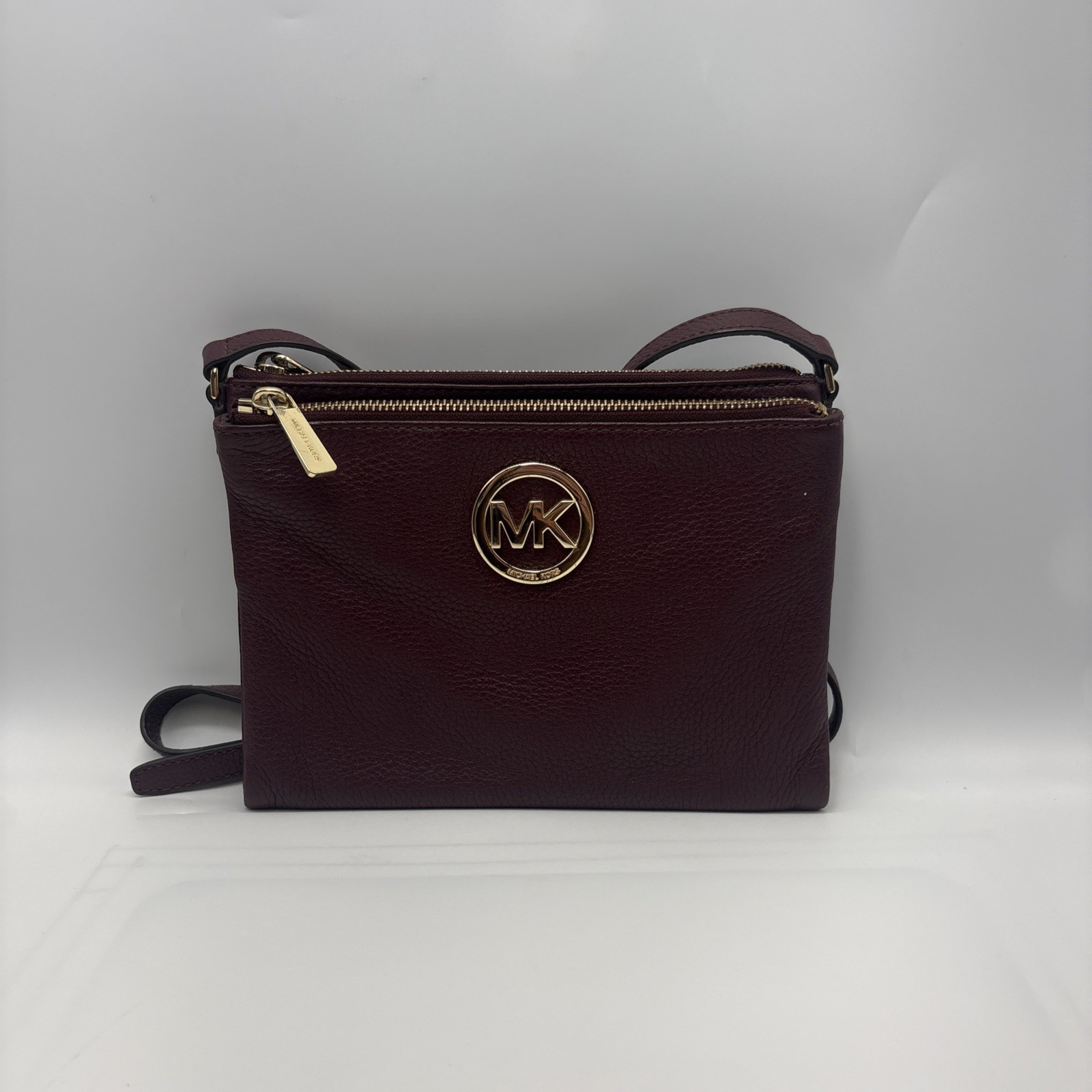 MICHAEL KORS Fulton Pebbled Leather Double Zipper Crossbody Bag Plum Wine