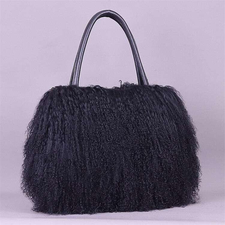 FINILUO Real Long Lamb Fur Mongolian Fur with Genuine Leather Handles Handbag