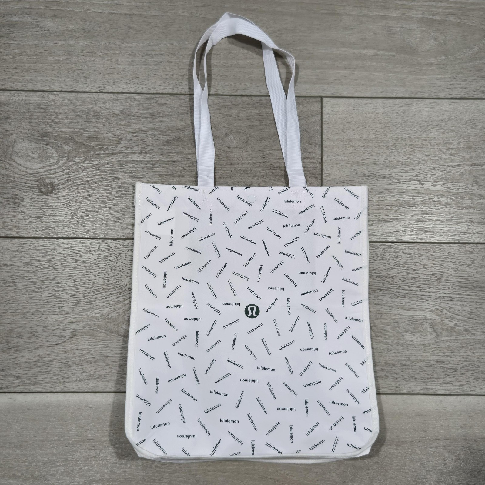 Lululemon Tote Bag Large White Black Logo Print Reusable Shopper Snap Button