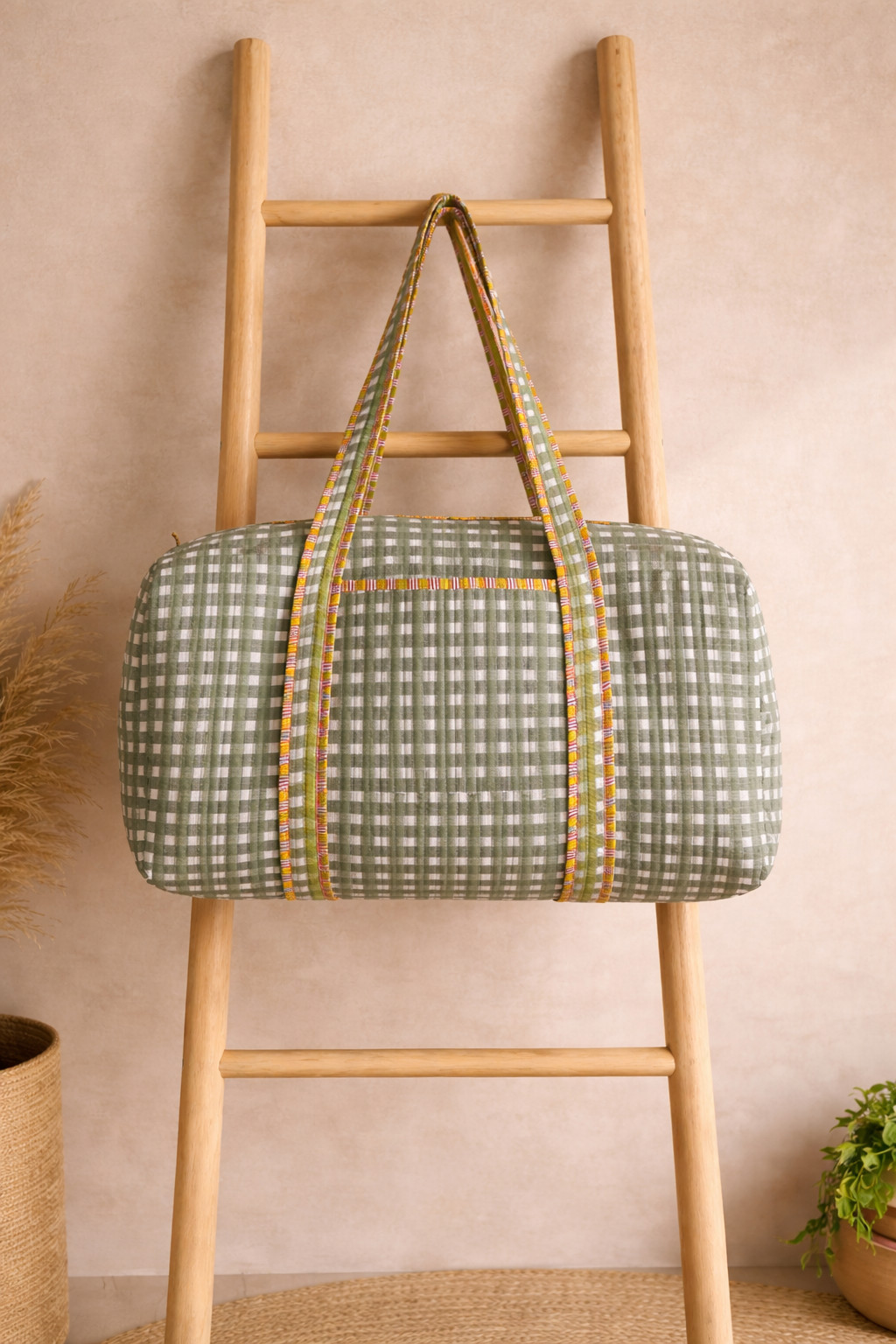 Green Gingham Quilted Duffel Bag, Cottagecore Weekender Tote Bag