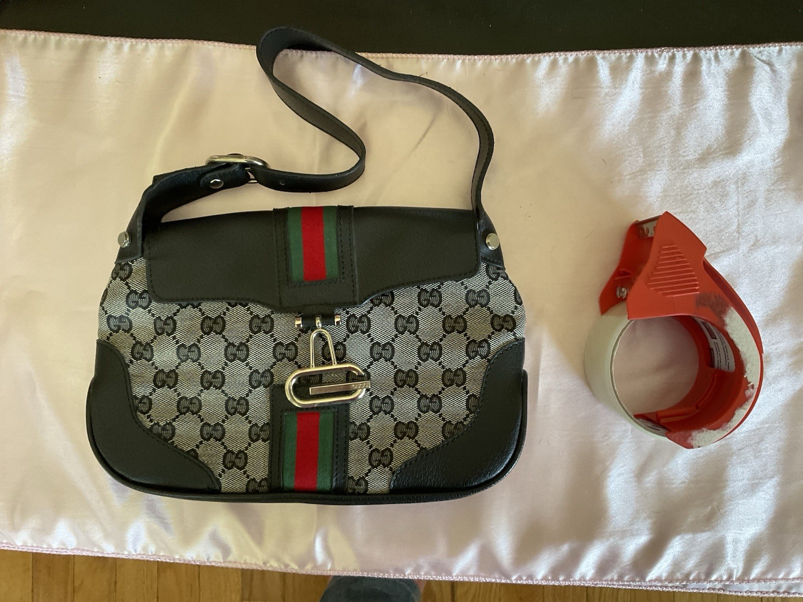 Gucci GG Monogram Web Stripe Crossbody Bag Gray/Black Red/Green Det Strap
