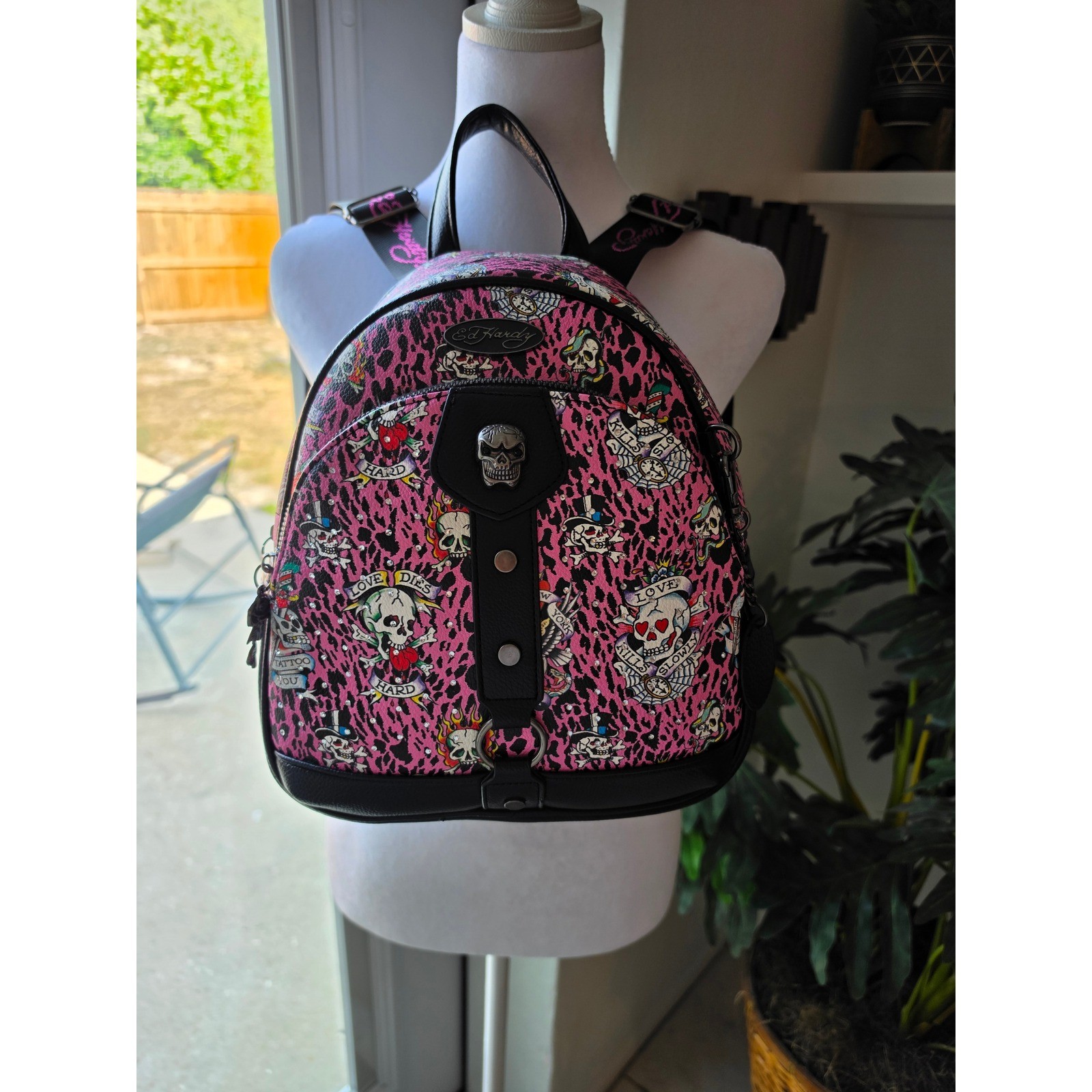 Ed Hardy Pink Leopard Skull Tattoo Mini Backpack Y2K Streetwear Bag