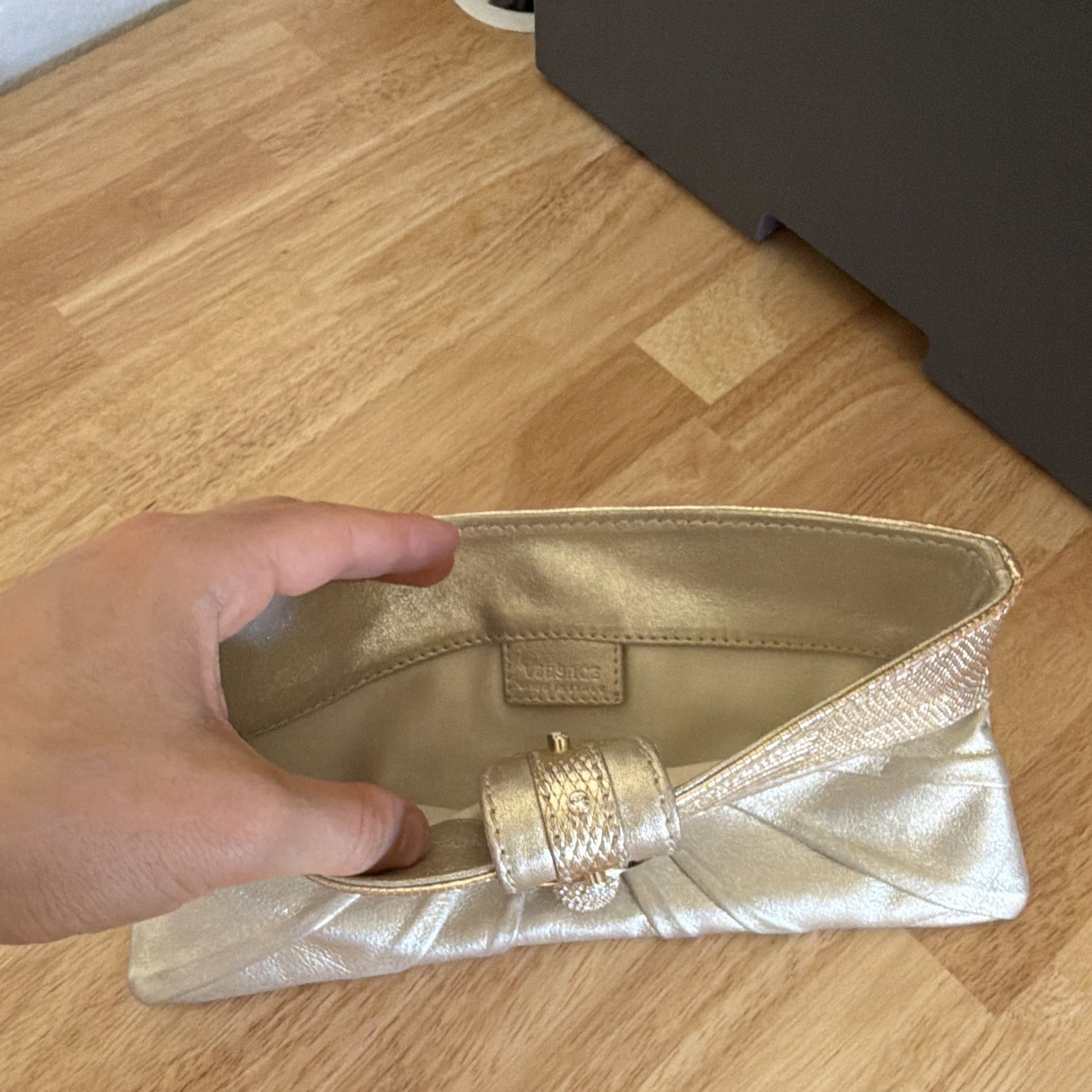 Rare Versace Metallic Gold Women’s Clutch with Crystal Accents, Clasp Closure