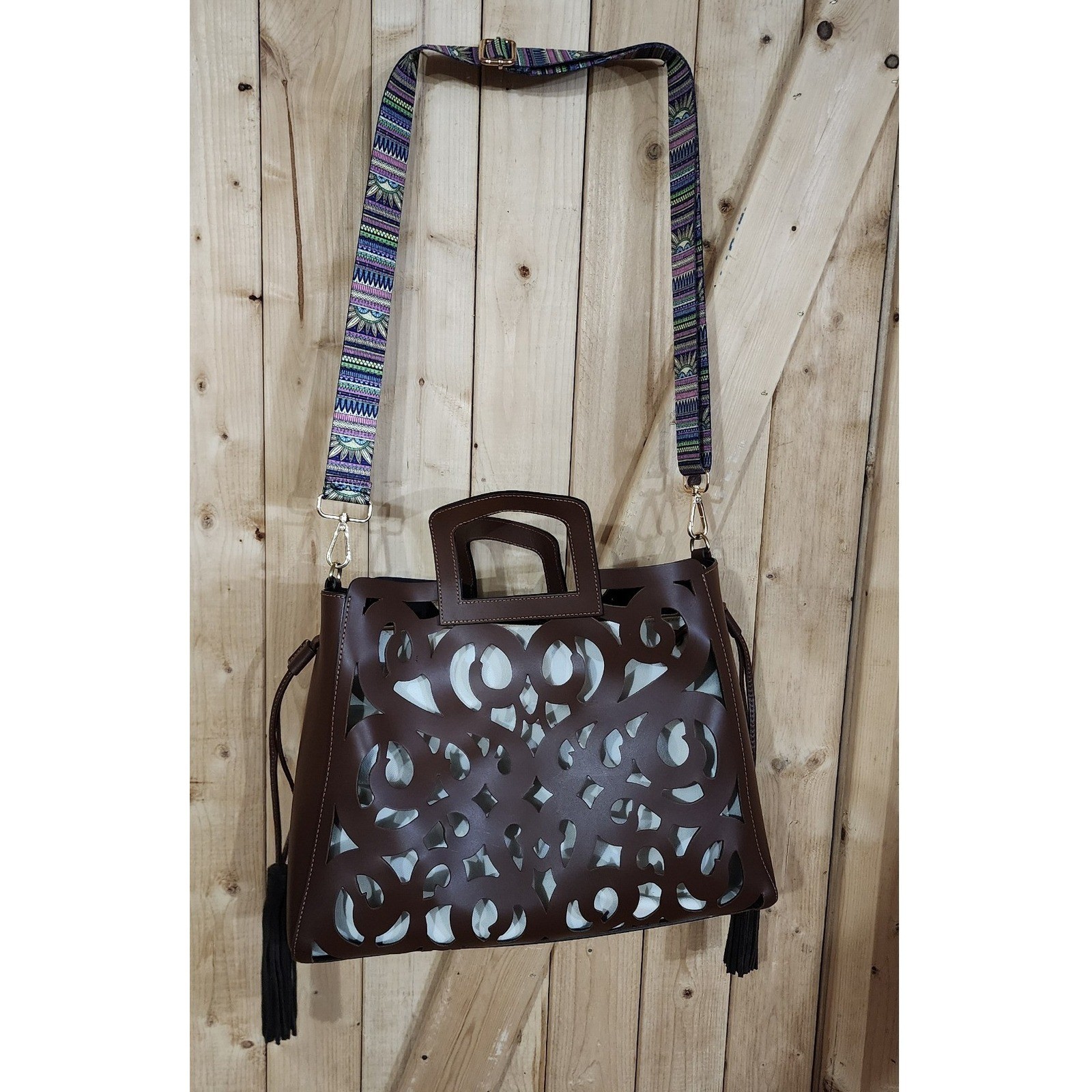 A. Bellucci Italy Brown Leather Laser Cut Tote Bag Guitar Strap Tassel Handbag