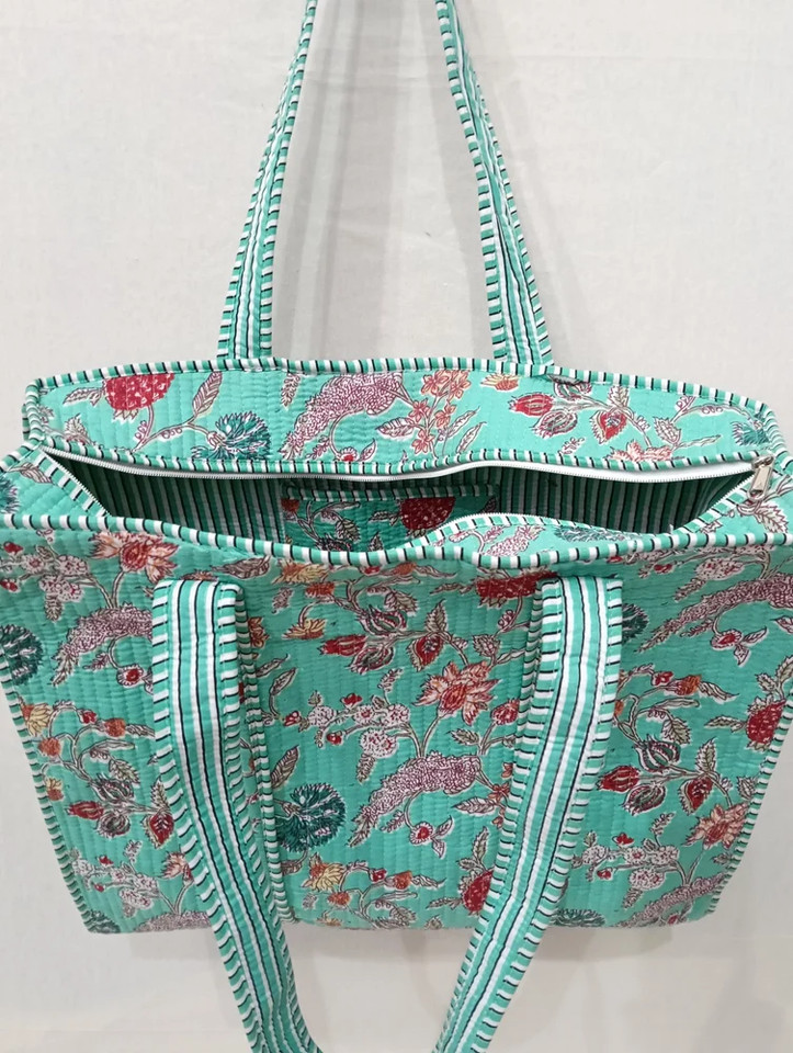 Indian Cotton Quilted Tote Bag Sea Green Print Handmade Shoulder Bag