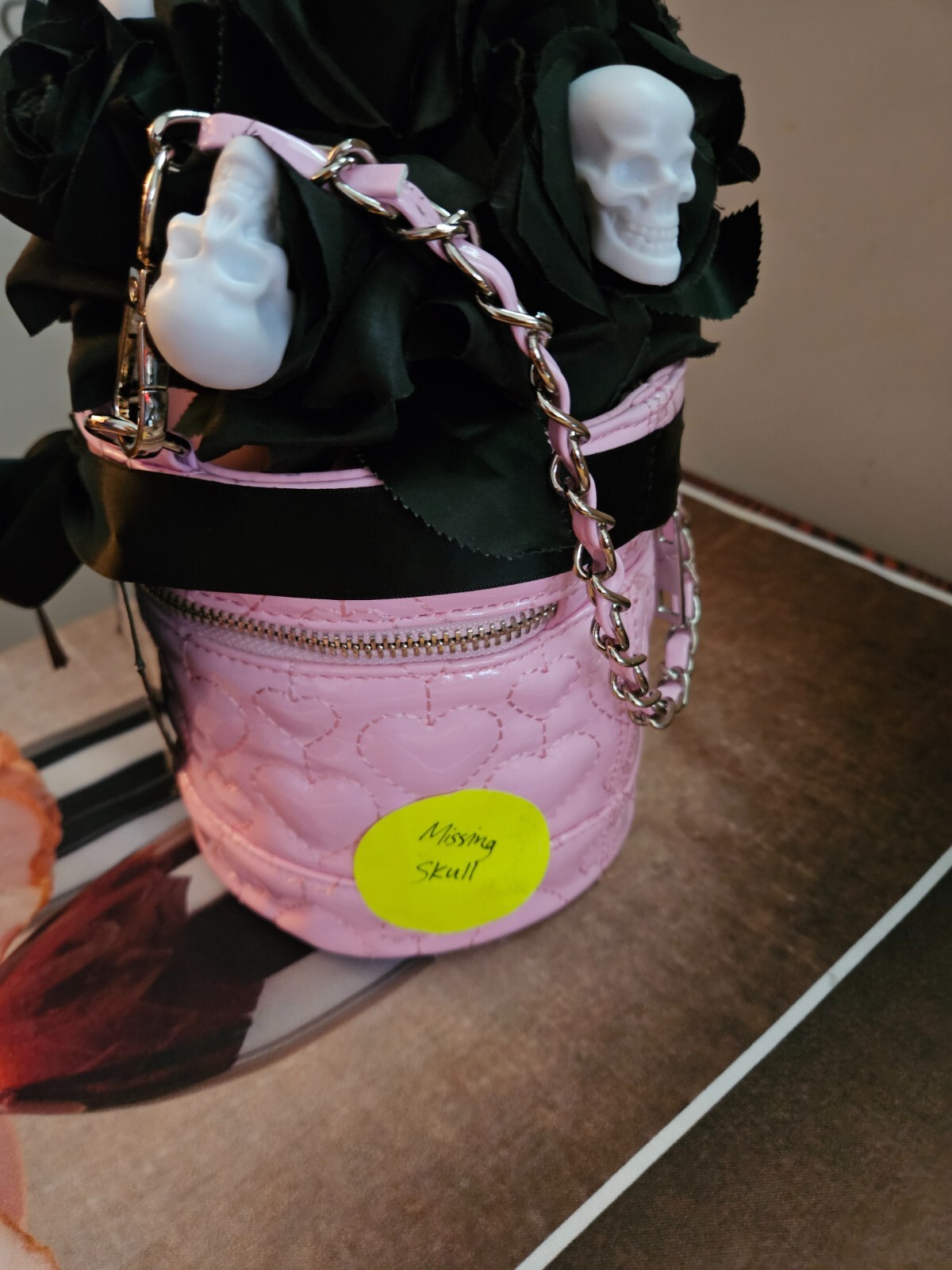 Dolls Kill Pink Spooky Skull Rose Quilted Heart Crossbody