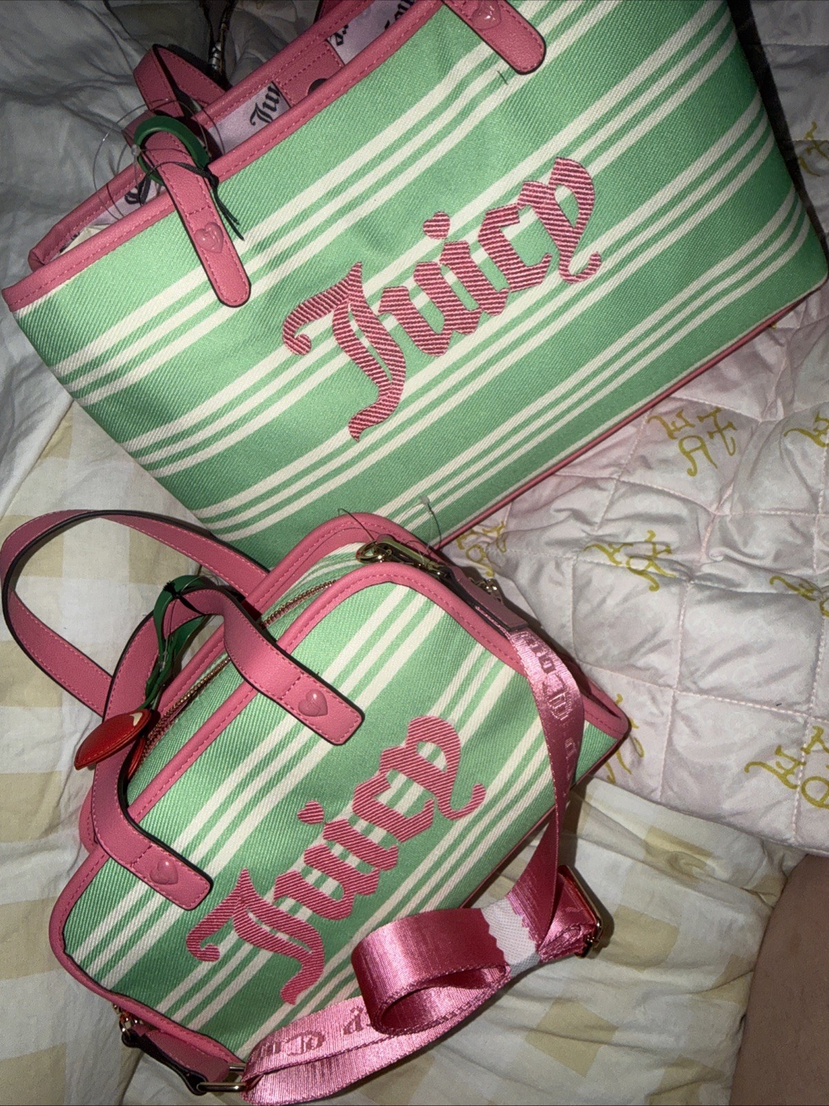 ‼️TWO ‼️ JUICY COUTURE PARADISE TOTE/SHOULDER BAG PINK & RETRO GREEN STRIPED NWT