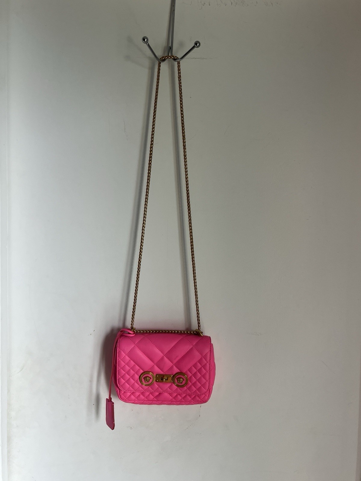 Versace Quilted Small Icon Bag Fluorescent Pink Purse Padlock Chain Strap