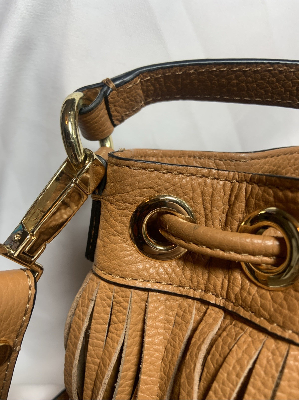 Milly Small Pebbled Leather Fringe Drawstring Bag Brown Crossbody Festival Boho