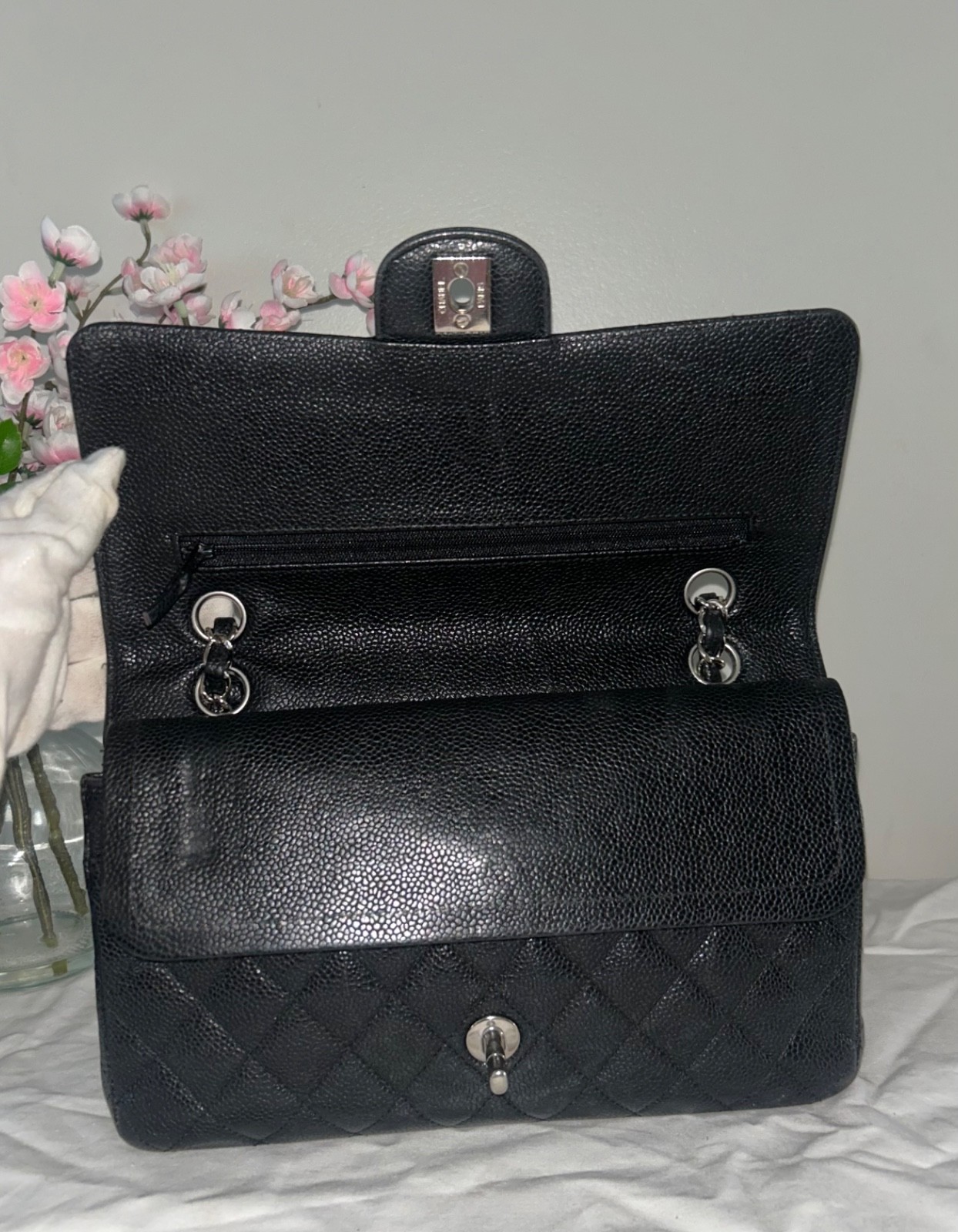 CHANEL Medium Classic Double Flap Caviar Quilted Handbag Black