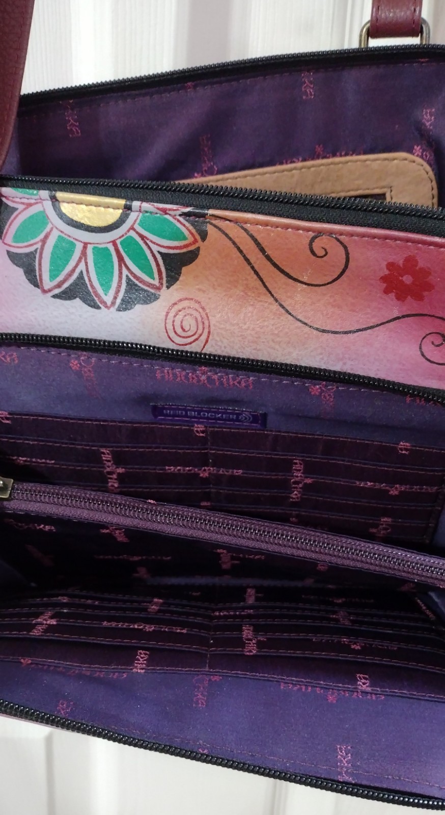 Anuschka Artsy Boho Hand Painted Leather RFID Crossbody In Wine With Elephant