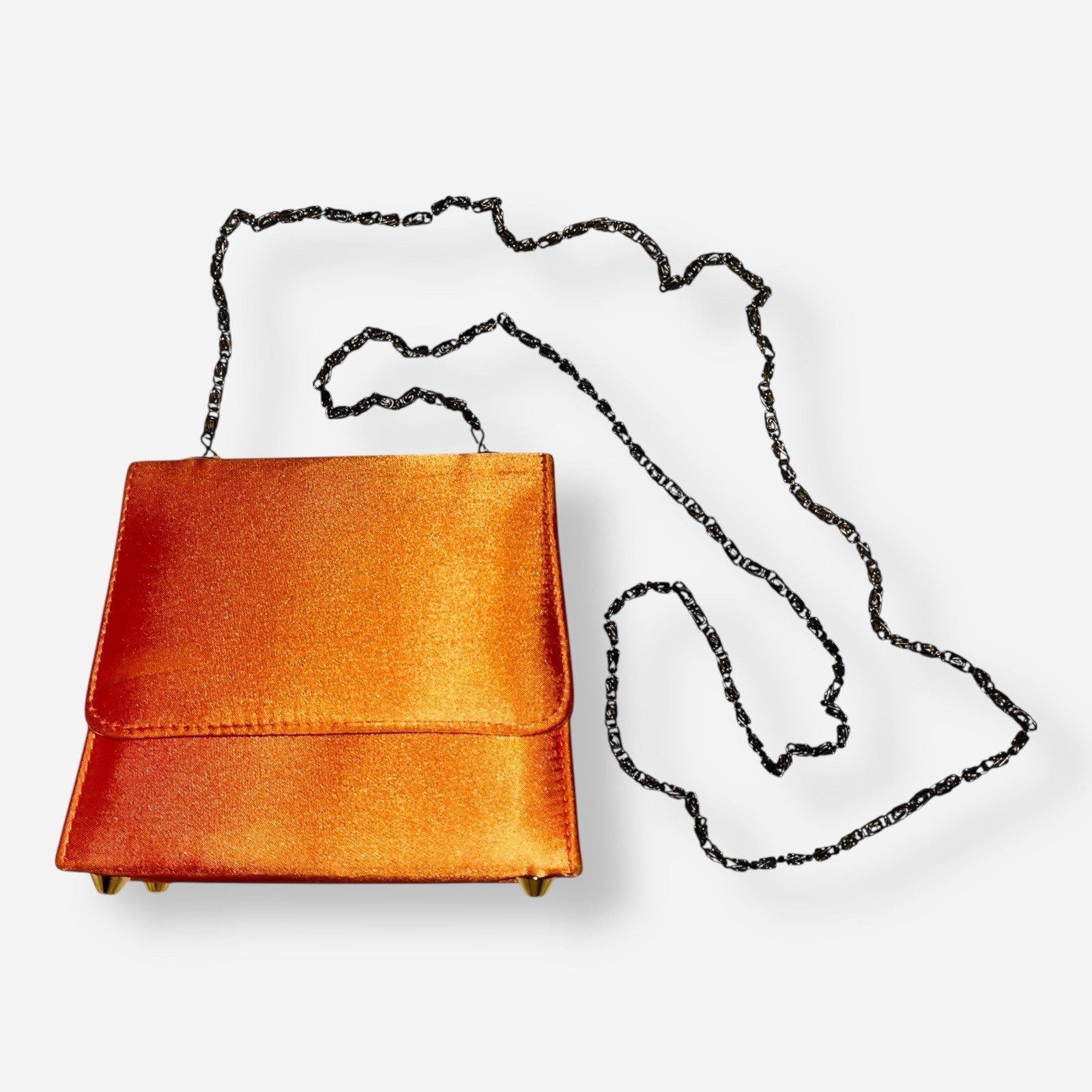 Vintage Satin Clutch Evening Bag Silk Orange Gold Chain Crossbody Clutch