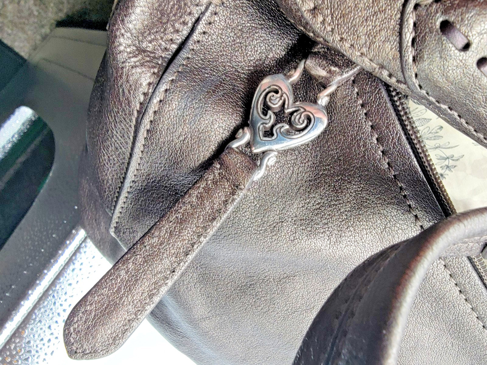 Brighton Nikki Grey Brown Leather Lace Applique Heart Charm Shoulder Purse Bag