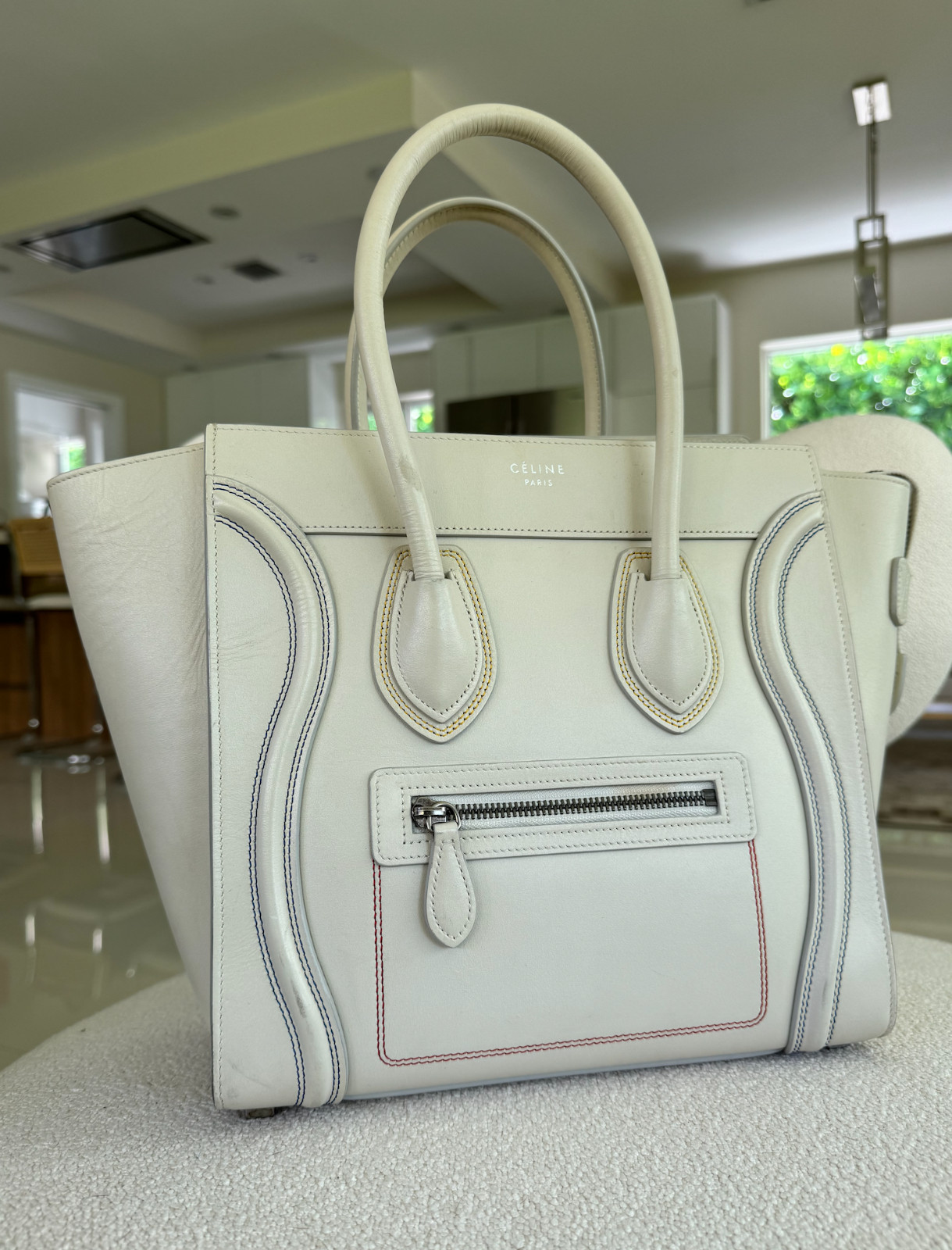 CELINE Luggage Satchel/Top Handle Bag Micro Cream Leather