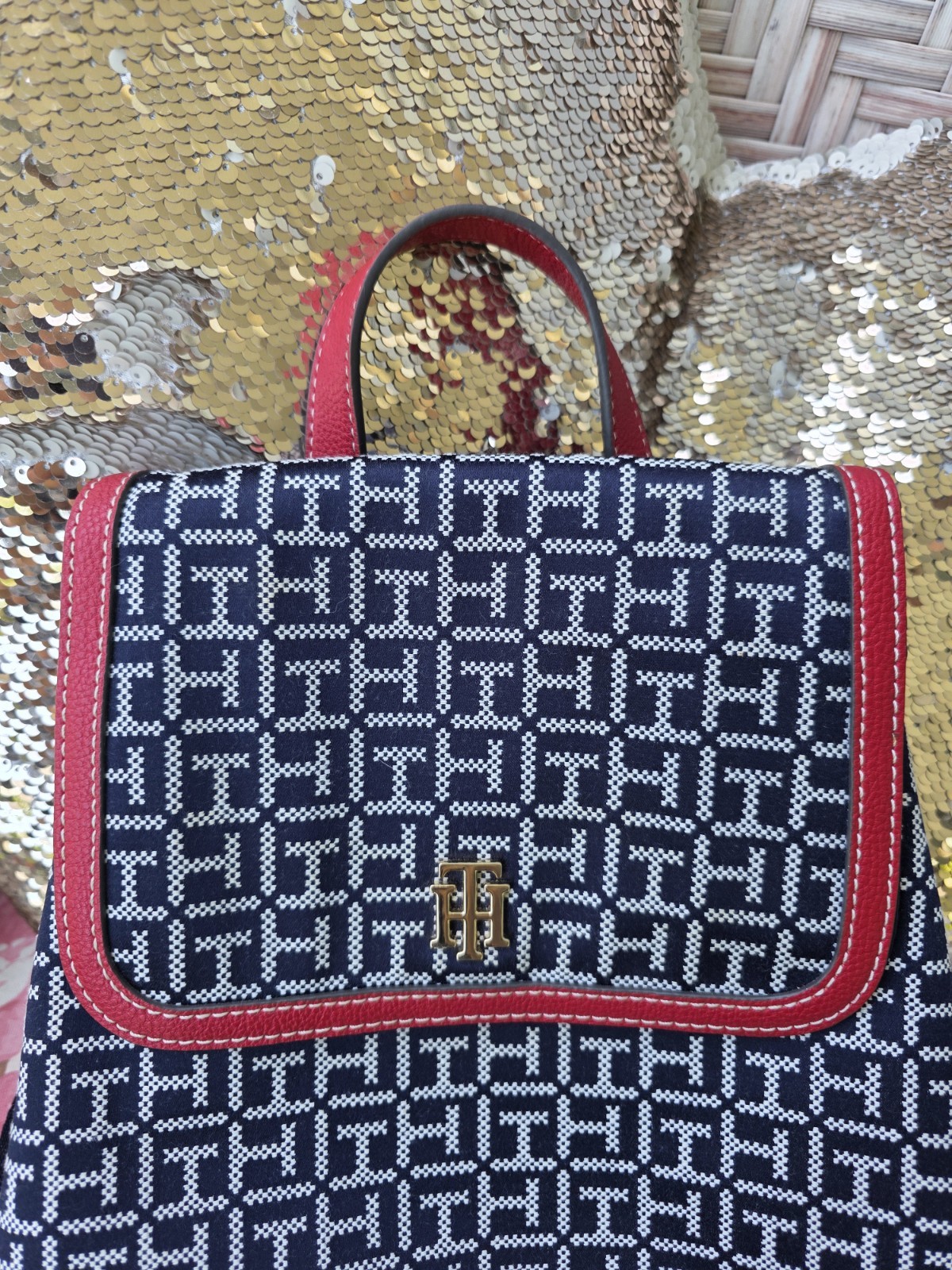 Tommy Hilfiger Women’s Navy Blue Jacquard Backpack Red Trim Excellent Condition