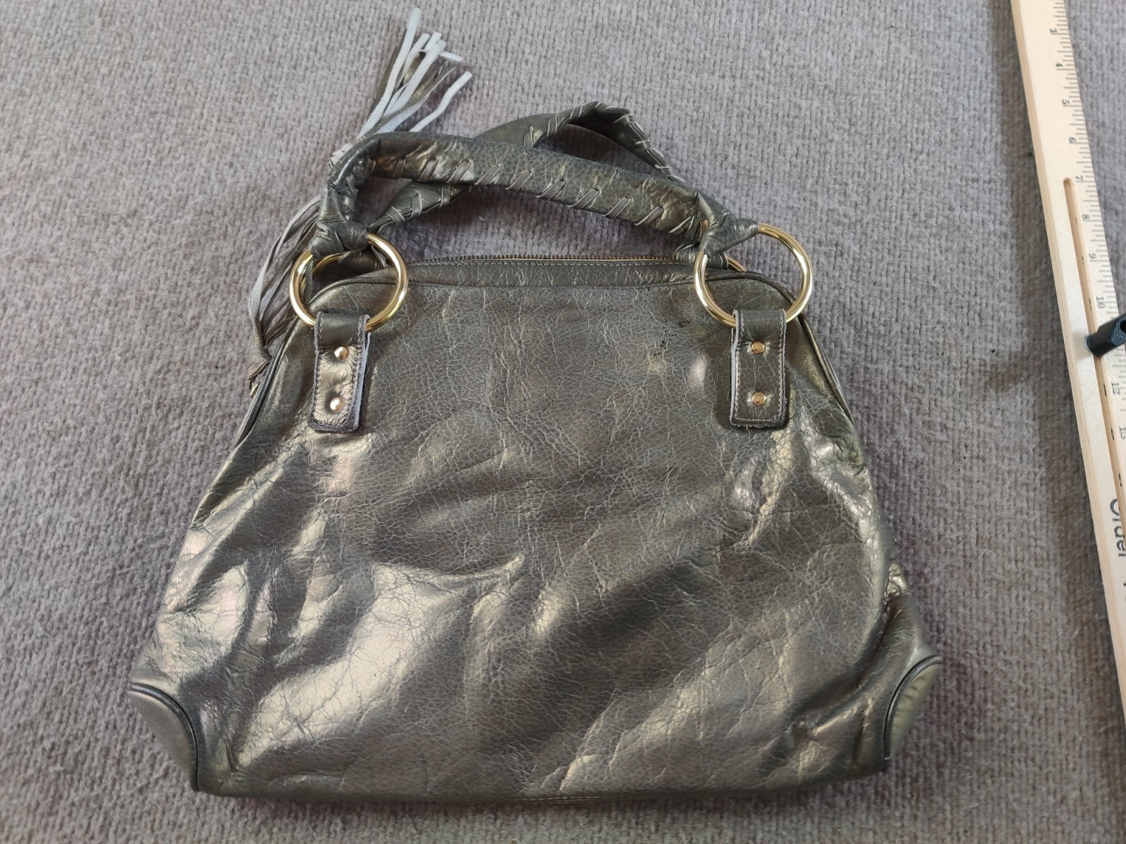 Bulga Gold Soft Pebbled Leather Fringe Boho Shoulder Bag