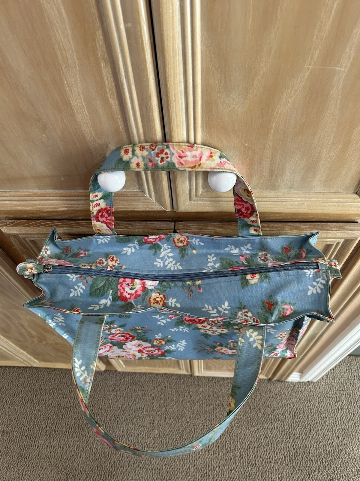 Cath Kidston Tote Bag with Zipper Blue Pink Roses Floral Oilcloth