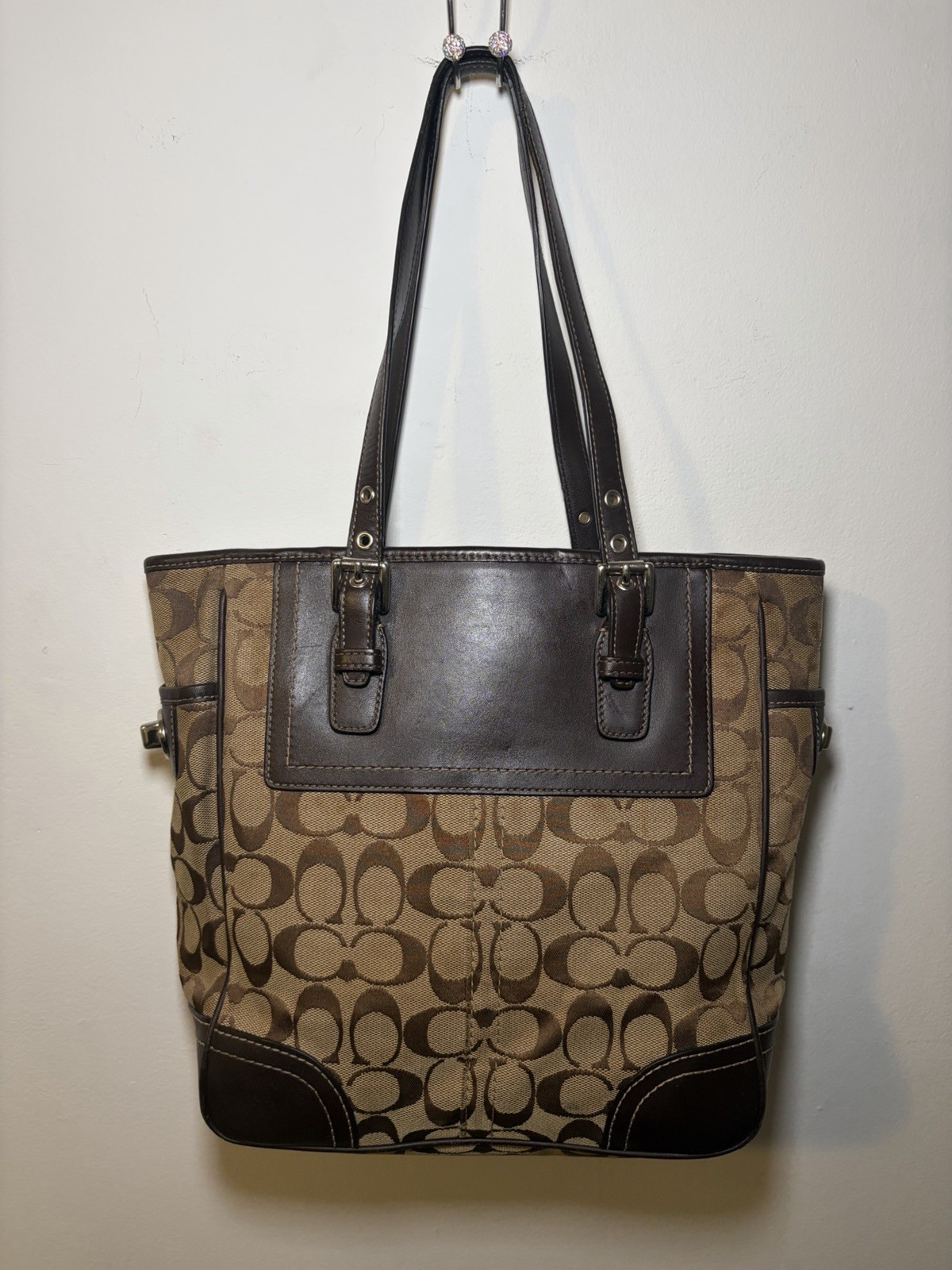 Coach Signature Logo Medium Tote Shoulder Bag Brown Beige Owl Charm