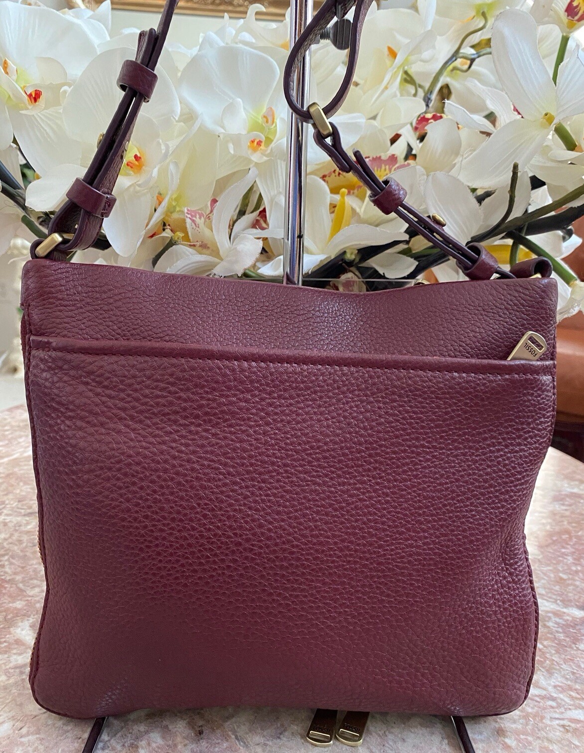 Fossil Preston Expandable Burgundy Leather Cross-body Bag EUC, $148