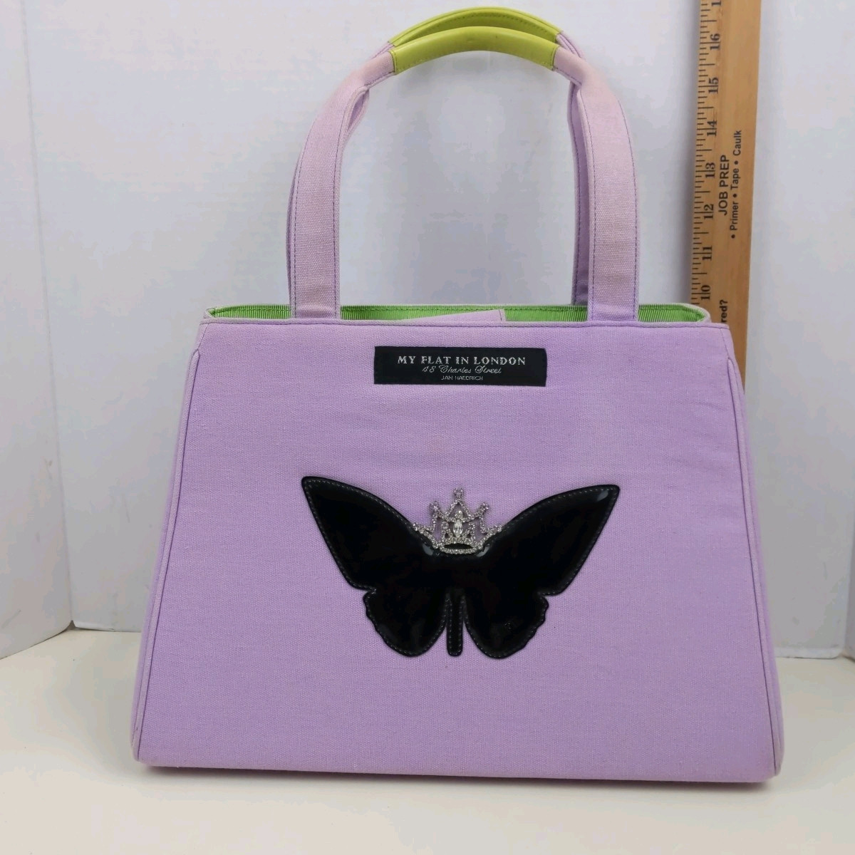 My Flat in London Purple Tote Bag Black Butterfly Crown Patch Green Lining Purse