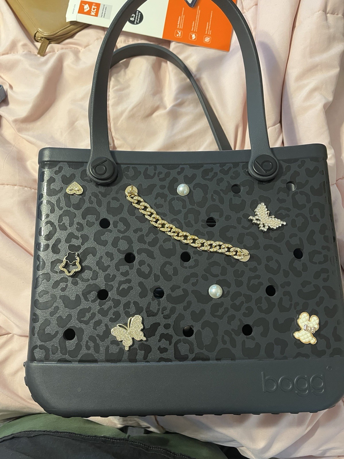 Bogg Women’s Black Animal Print Tote Bag Open Top Double Handles Chain Studs