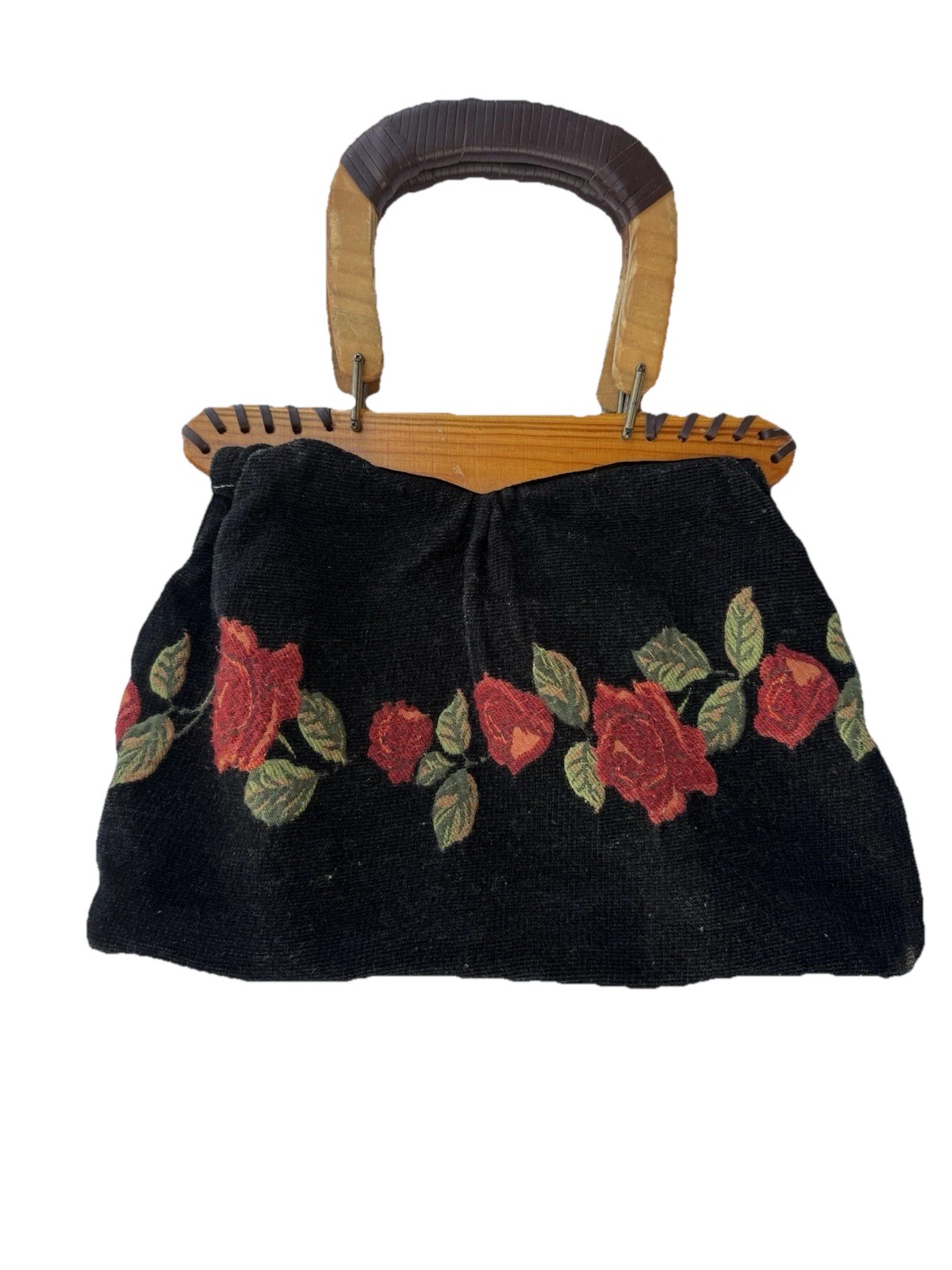 Embroidered Carpet Bag Purse With Roses Wood And Leather Handles Cottagecore