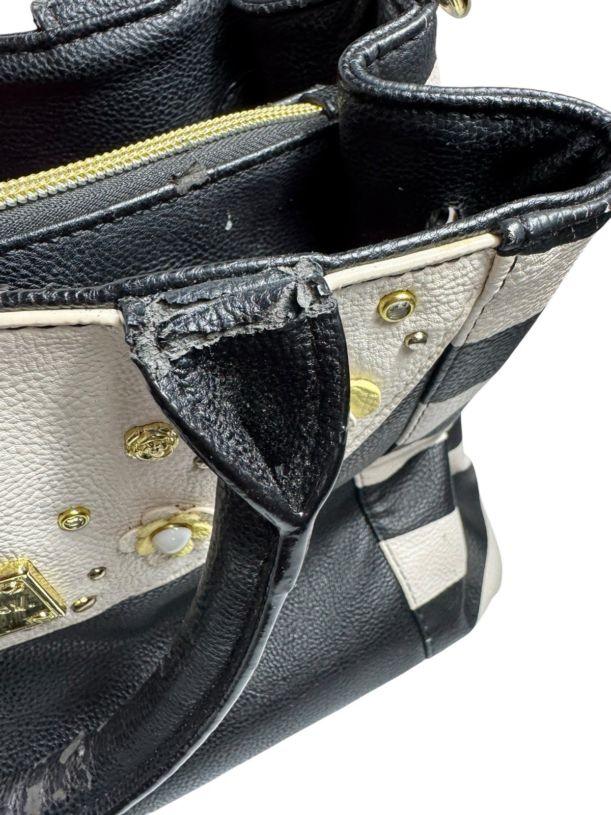 Betsey Johnson Black White Stripe Daisy Floral Tote Satchel Shoulder Bag