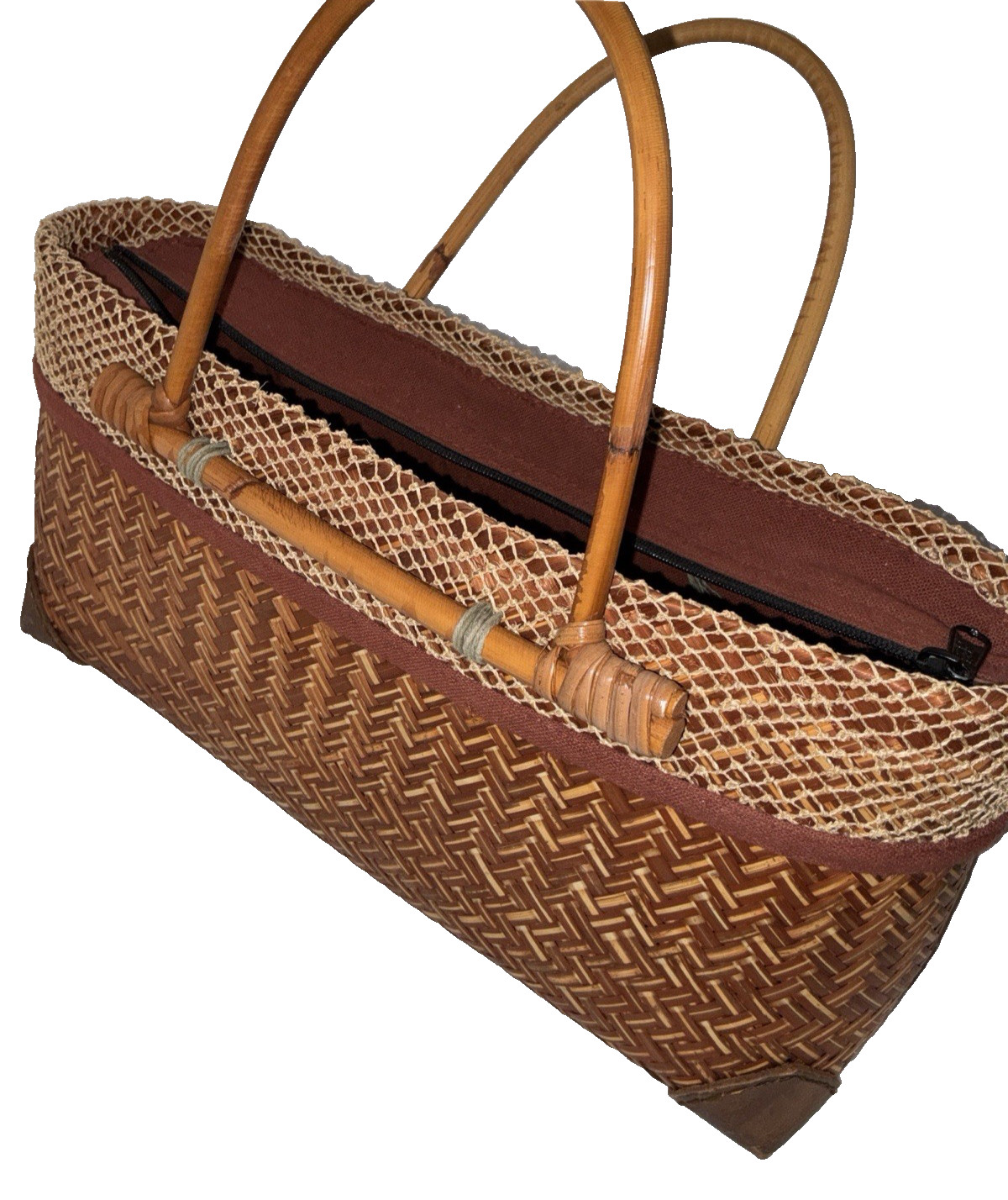Vintage rattan wicker tote Brown Woven Straw Wood Bag large 16×12” bamboo zipped