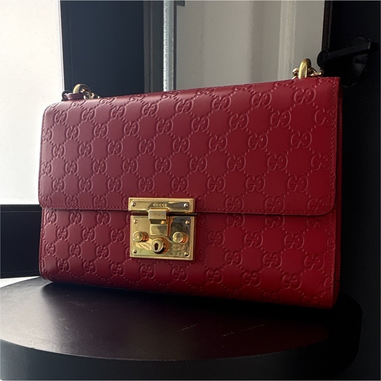 Gucci GG Red Shoulder Bag Gold Chain Strap Gold Hardware Lock Closure