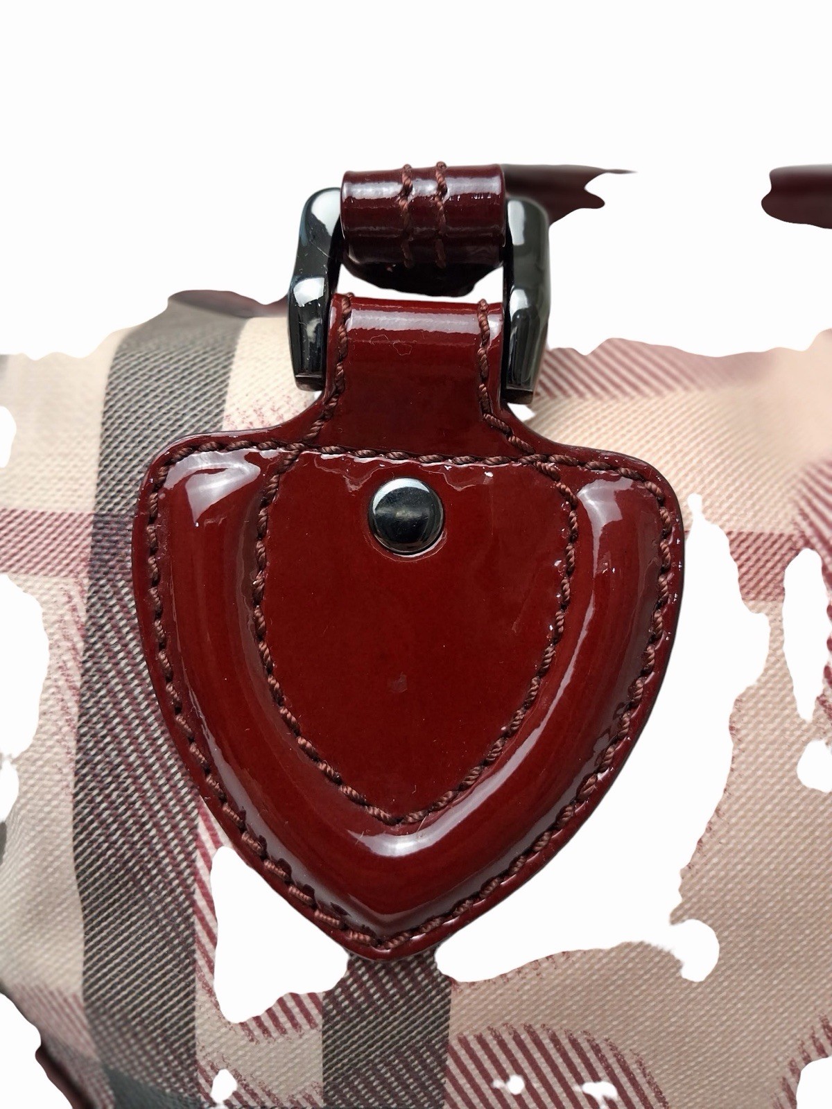 Authentic Burberry Nova Check Barrel Bowling Bag Burgundy Patent Leather