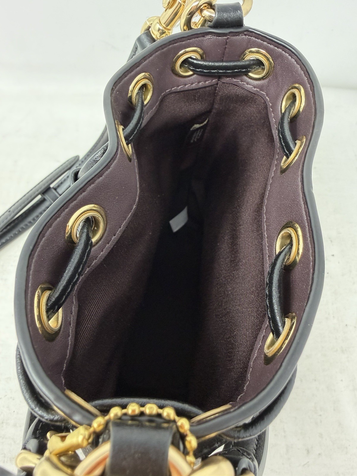 $298 Coach Mini Bucket Walnut/Black Leather Drawstring Bag In Signature Canvas