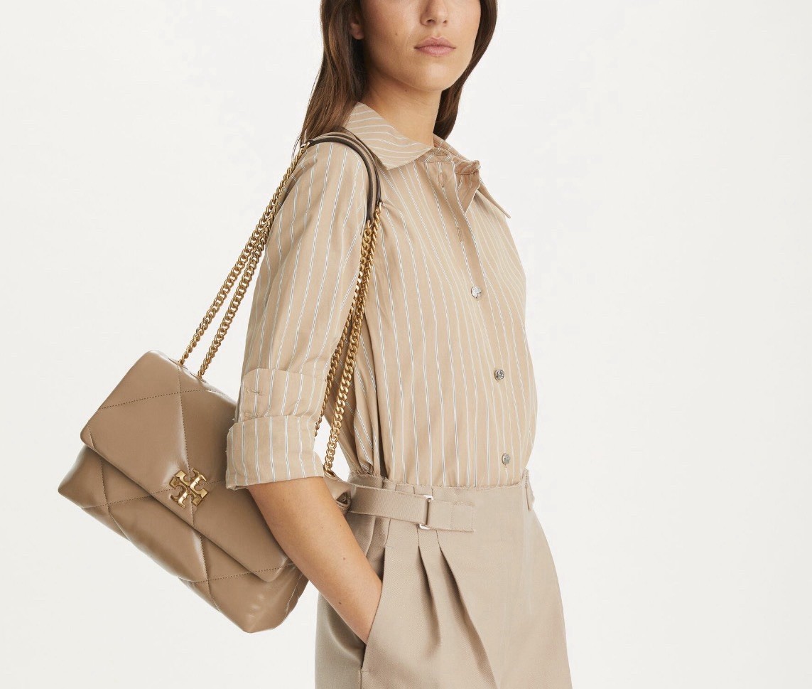 TORY BURCH $575 TAUPE OAK DIAMOND QUILT CONVERTIBLE SHOULDER CROSS BODY BAG NWT