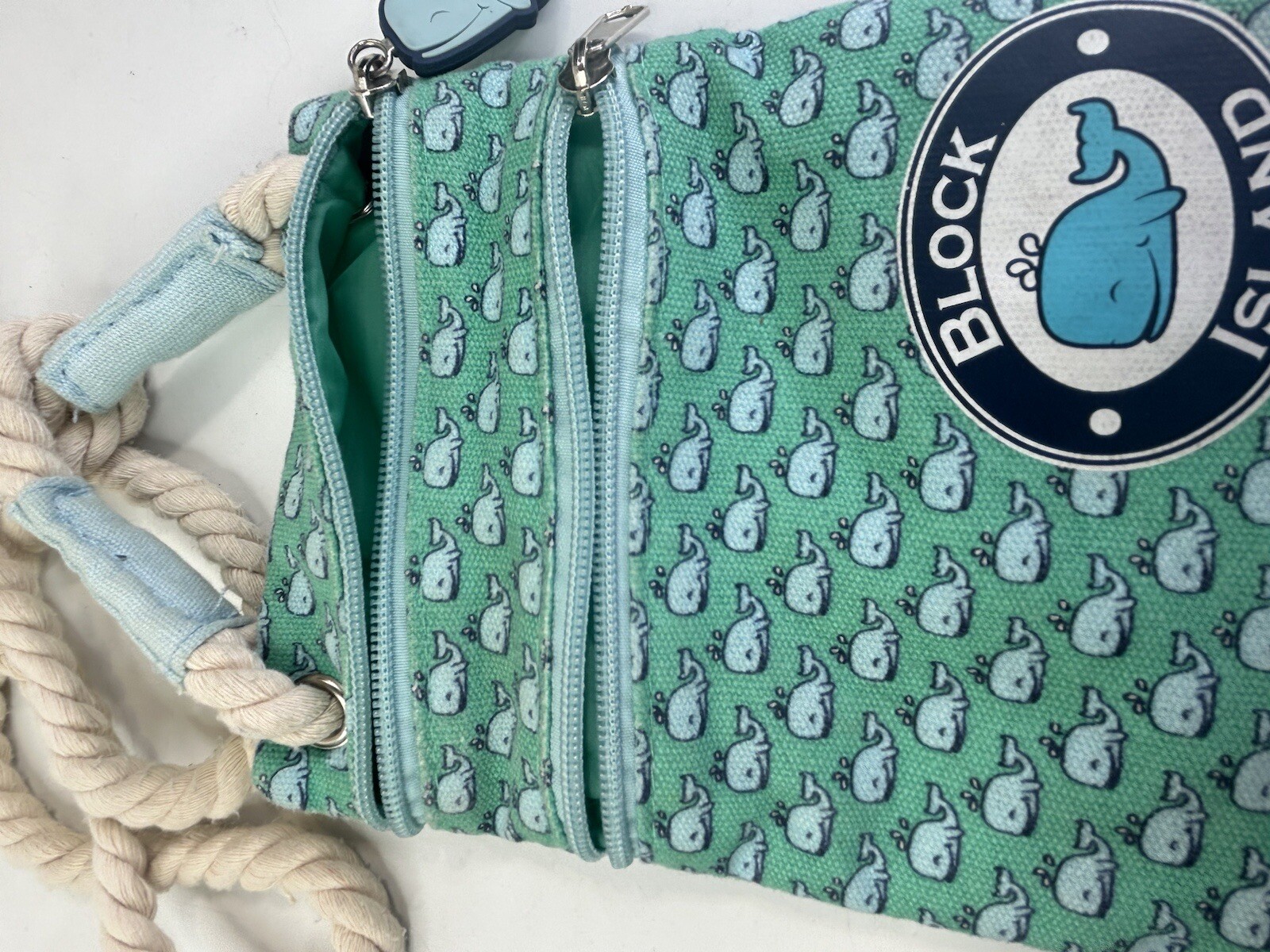 Block Island Mini Zip Crossbody Bag Double Zip Whale Pattern Logo Rope Strap