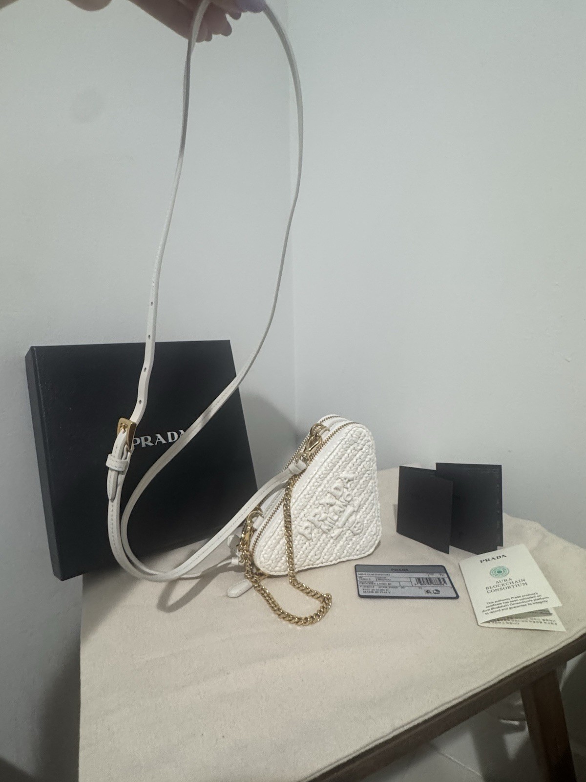 Prada Double Triangle Crochet White Bag With Two Straps