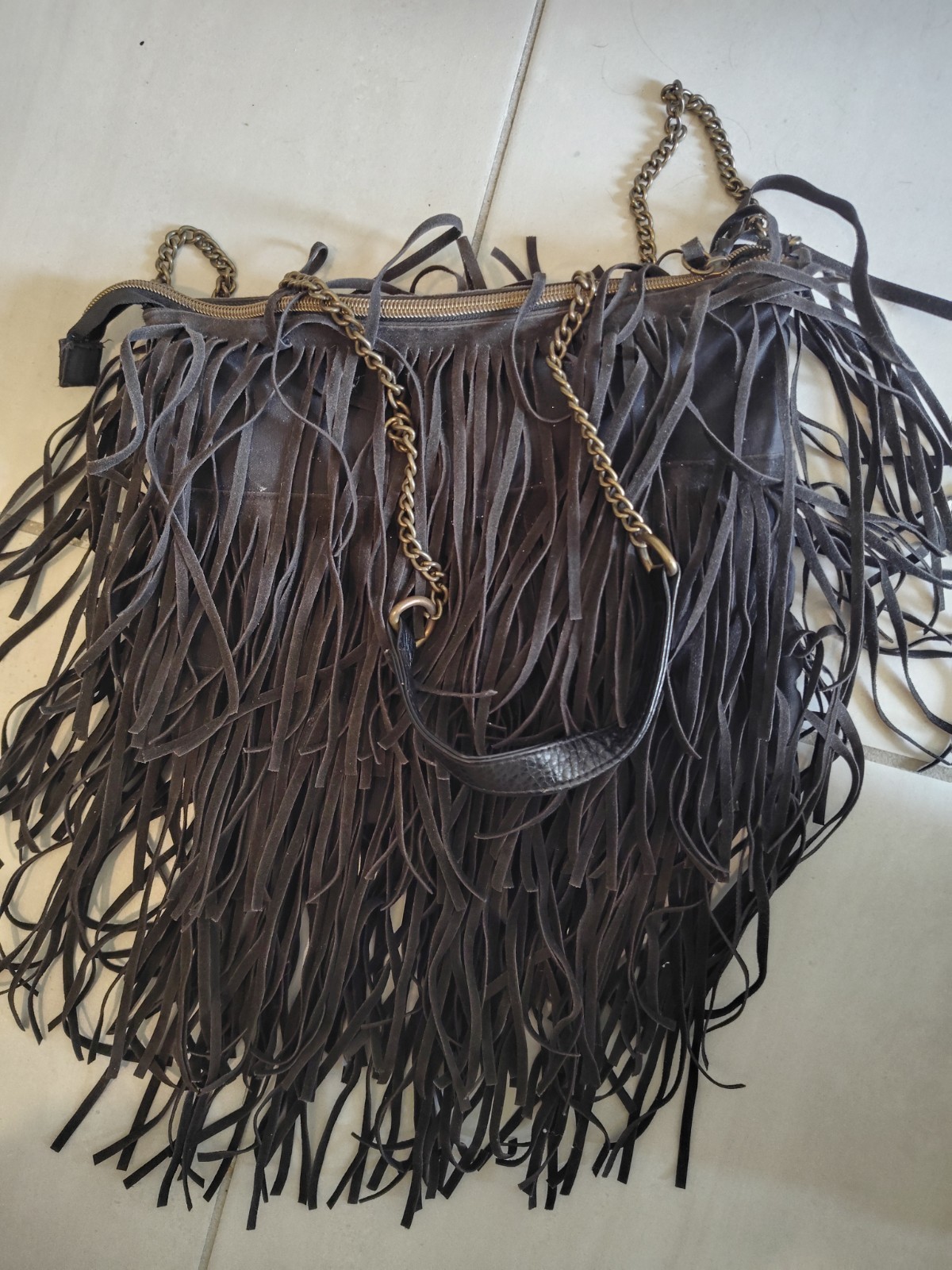 Women’s Fringe Faux Suede Leather Cross Body Chain Shoulder Bag Black