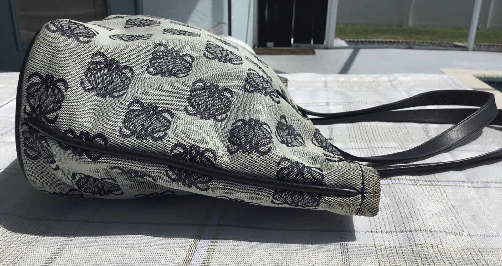 Loewe Anagram Patterned Canvas Tote With Navy Leather Handles Trim With COA
