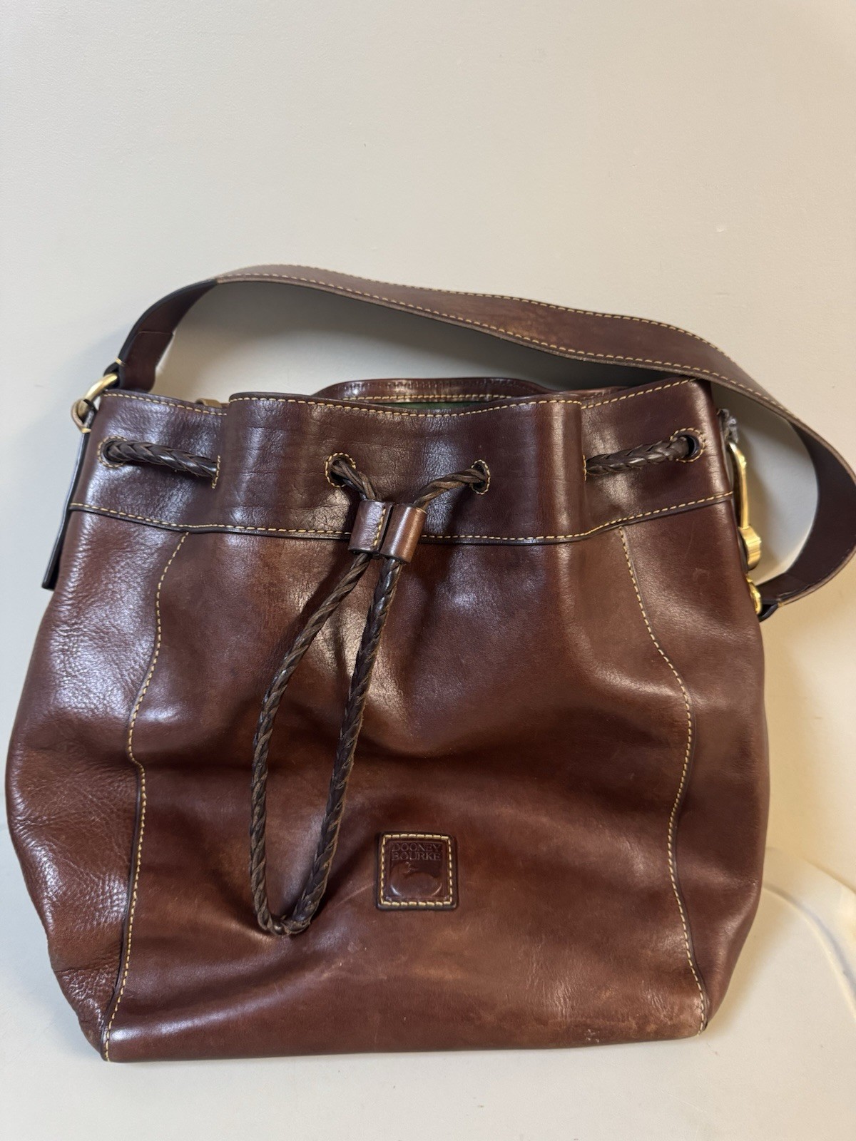 Dooney Bourke Chestnut Brown Florentine Leather HATTIE Drawstring Bucket Bag