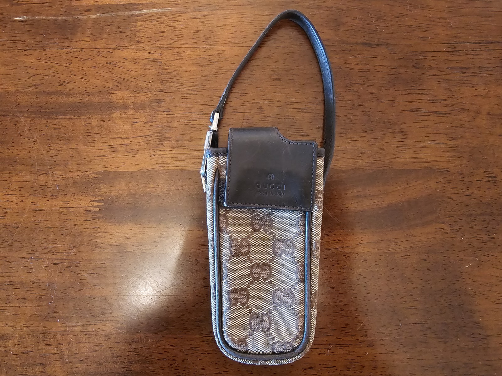 Vintage Gucci GG Canvas Phone Holder Holster Pouch Wristlet Brown Leather