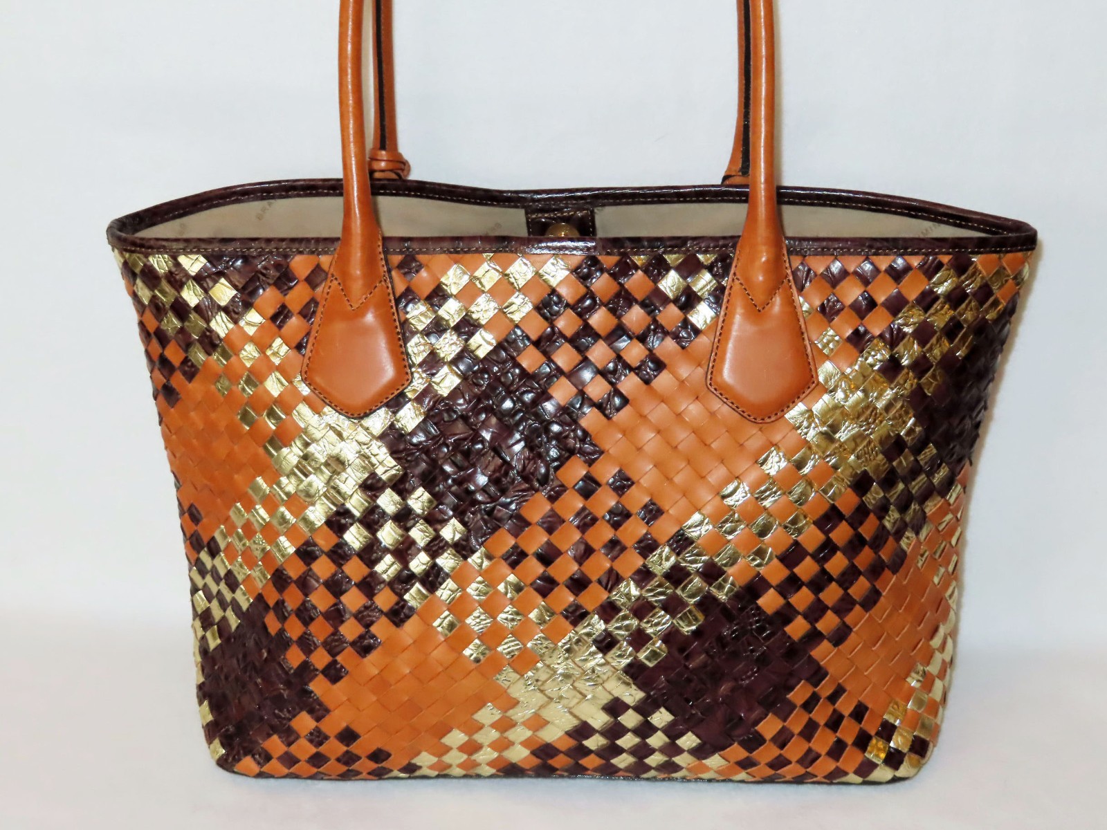 BRAHMIN Rare HAND WOVEN LEATHER RIO SASSY Brown Gold ANYTIME SHOULDER TOTE EUC