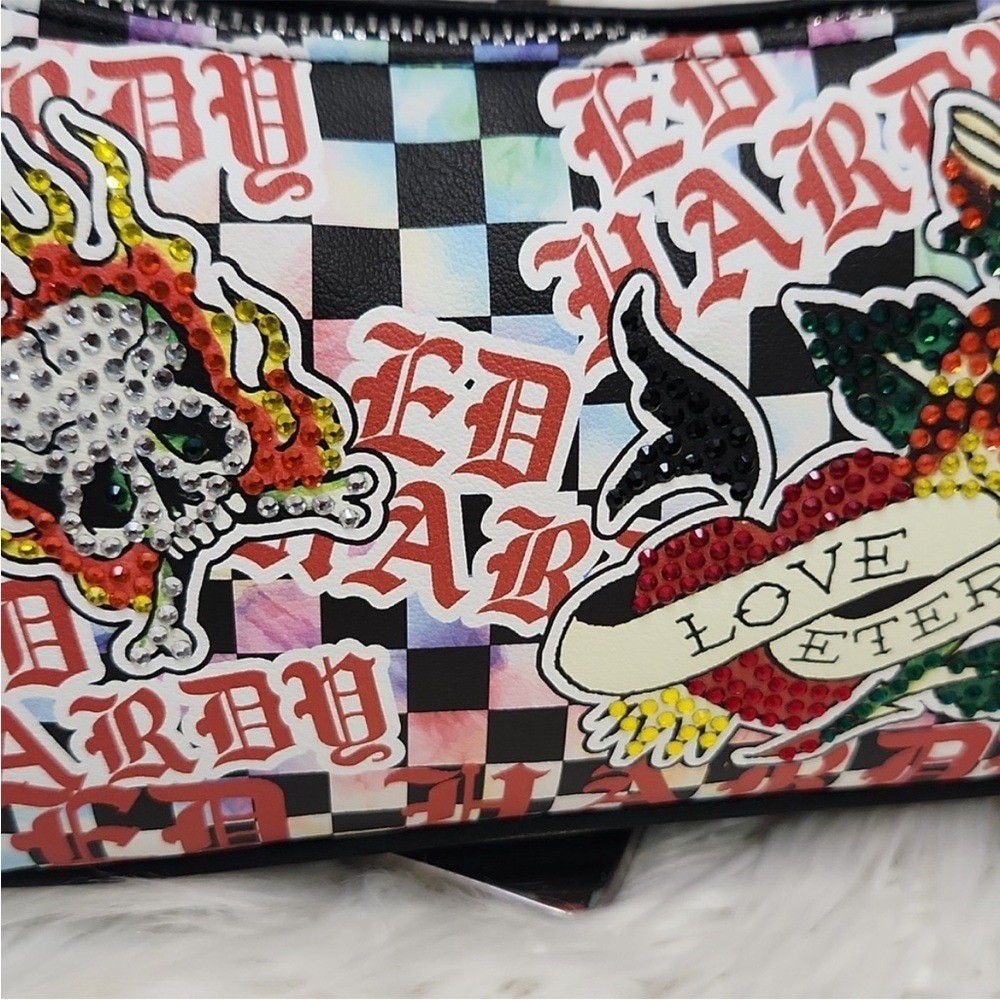 NEW Ed Hardy Women Black Checkered Rhinestone Skull Rose Crossbody Shoulder Bag