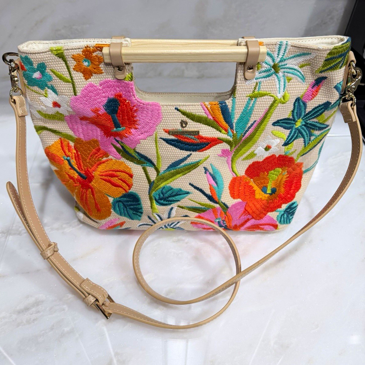 Spartina 449 Floral Embroidered Satchel Top Handle Crossbody Zip Gold