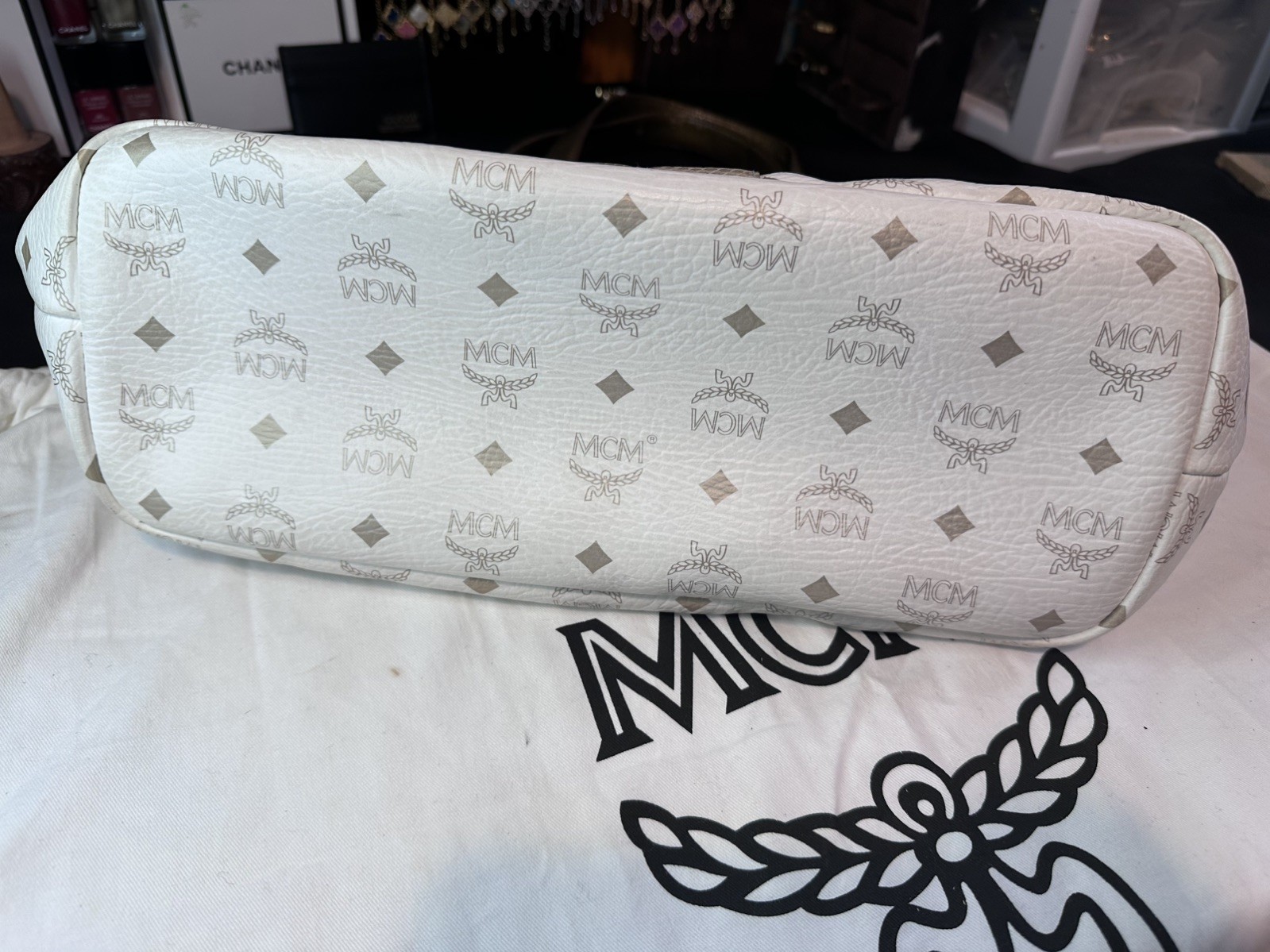 MCM Princess Lion Medium White Visetos Coated Canvas Shopper Tote