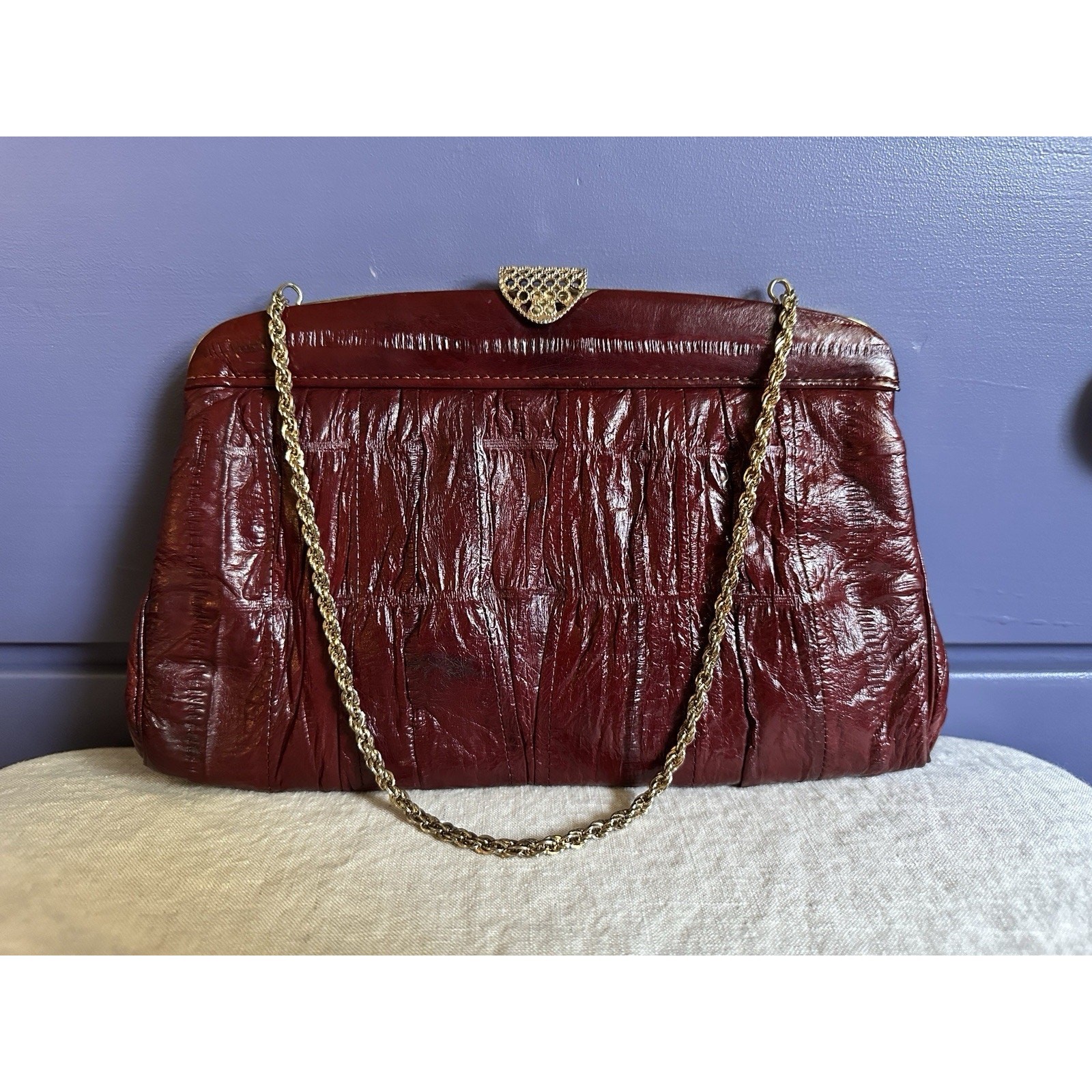 Vintage MiKwang Eel Skin Convertible Clutch, South Korea, Red, Chain Handle