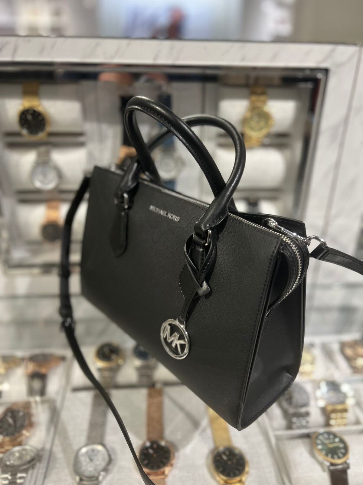 Michael Kors Sheila Silver-Toned Medium Crossbody Satchel Bag Shoulder Black MK