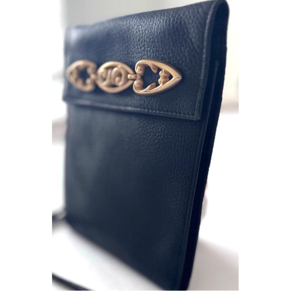 Vintage Brighton One World Black Leather Crossbody Bag Gold Scroll Hardware